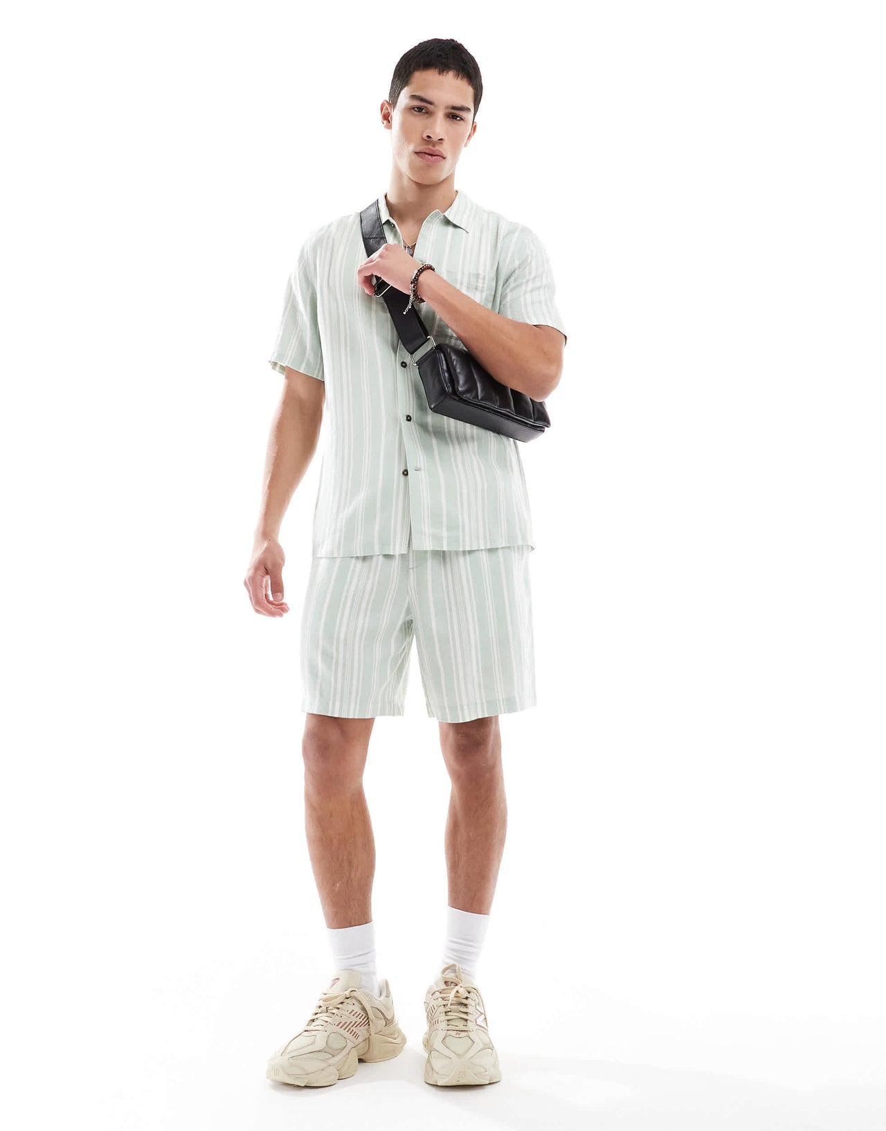 New Look linen blend stripe shirt co-ord in green