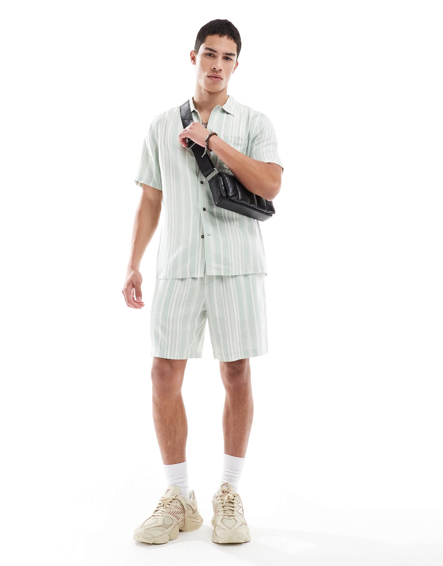 New Look linen blend stripe shirt co-ord in green