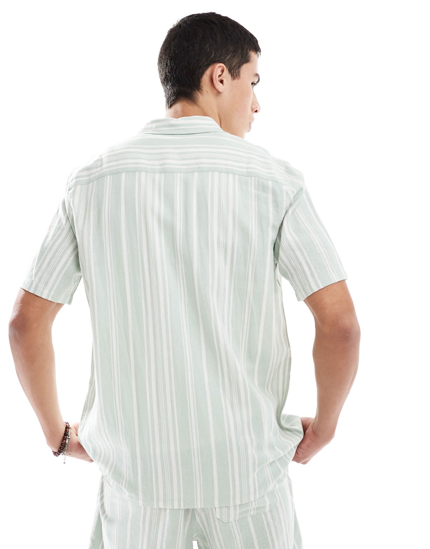 New Look linen blend stripe shirt co-ord in green