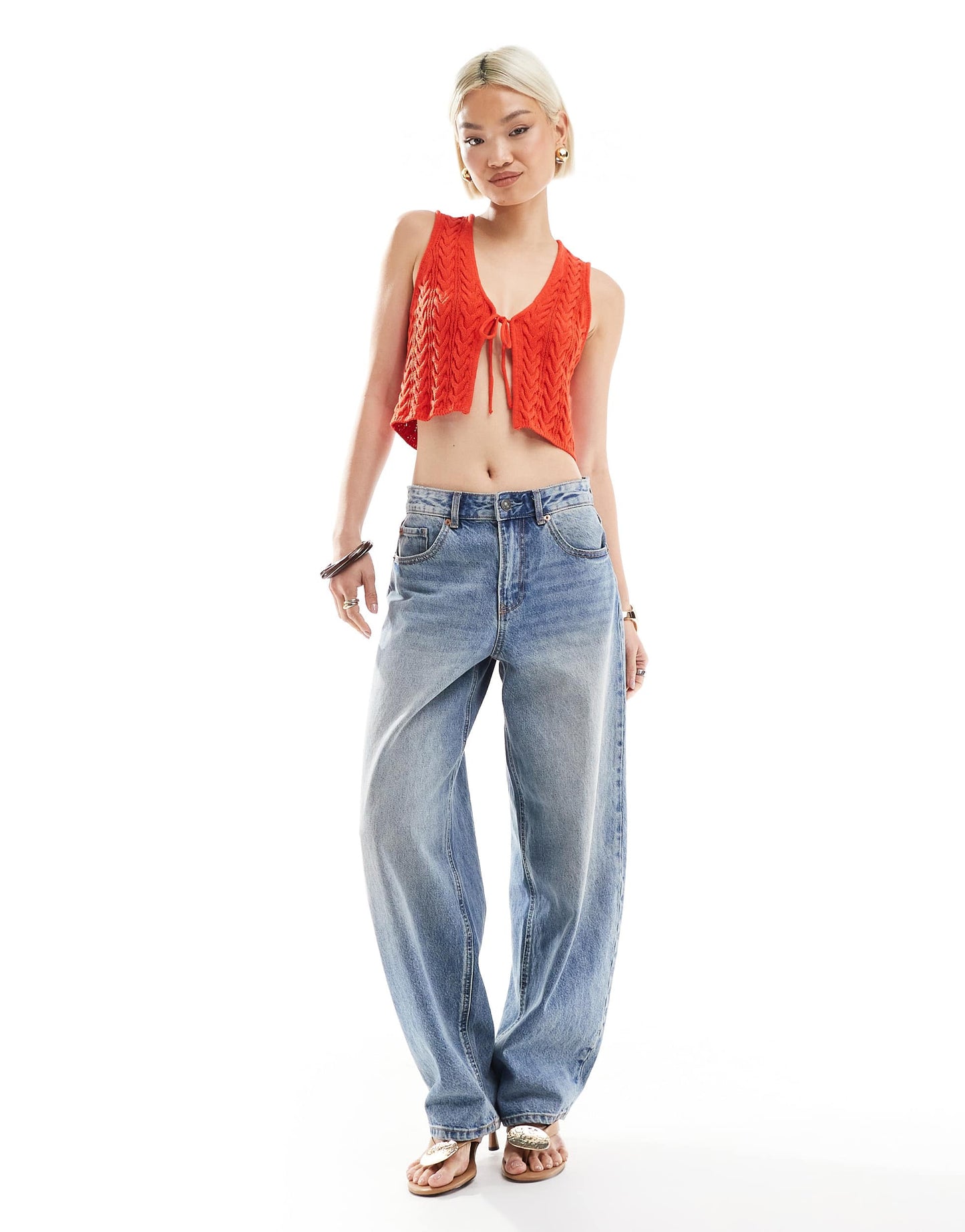 Bershka tie front knitted waistcoat in red