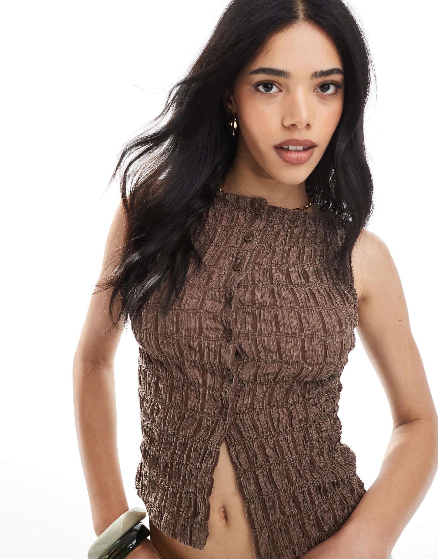 ASOS DESIGN acid wash texture button through waistcoat co ord in brown