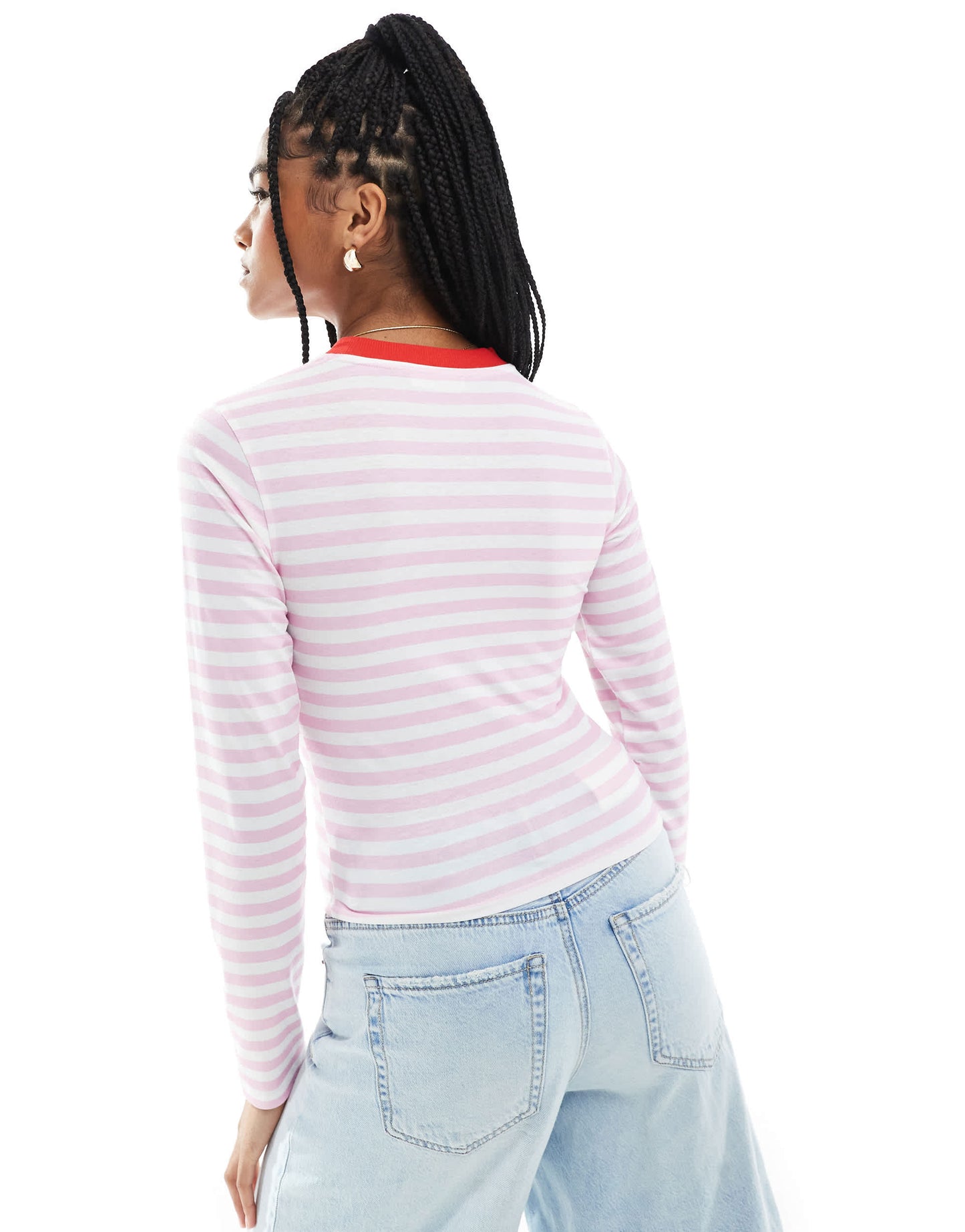 ASOS DESIGN stripe fitted top with contrast ringer and floral embriodery in pink