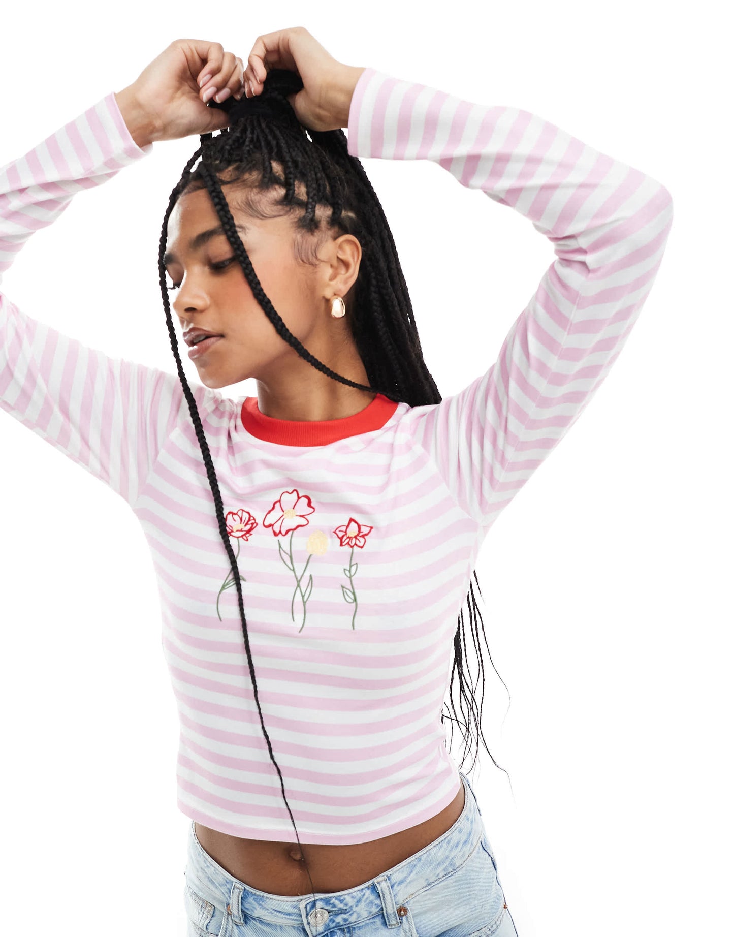 ASOS DESIGN stripe fitted top with contrast ringer and floral embriodery in pink