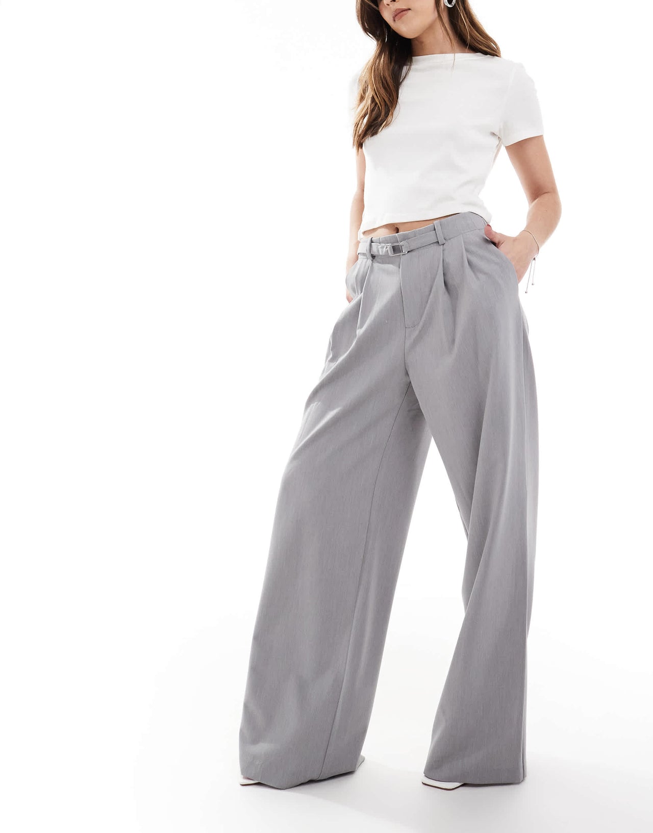 Stradivarius belted tailored wide leg trouser in grey