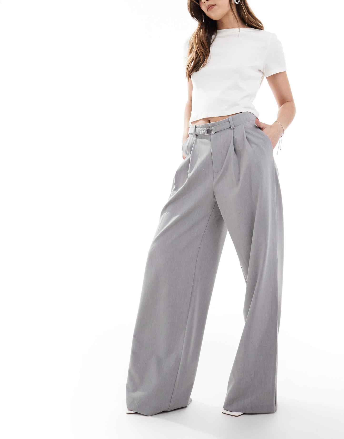 Stradivarius belted tailored wide leg trouser in grey