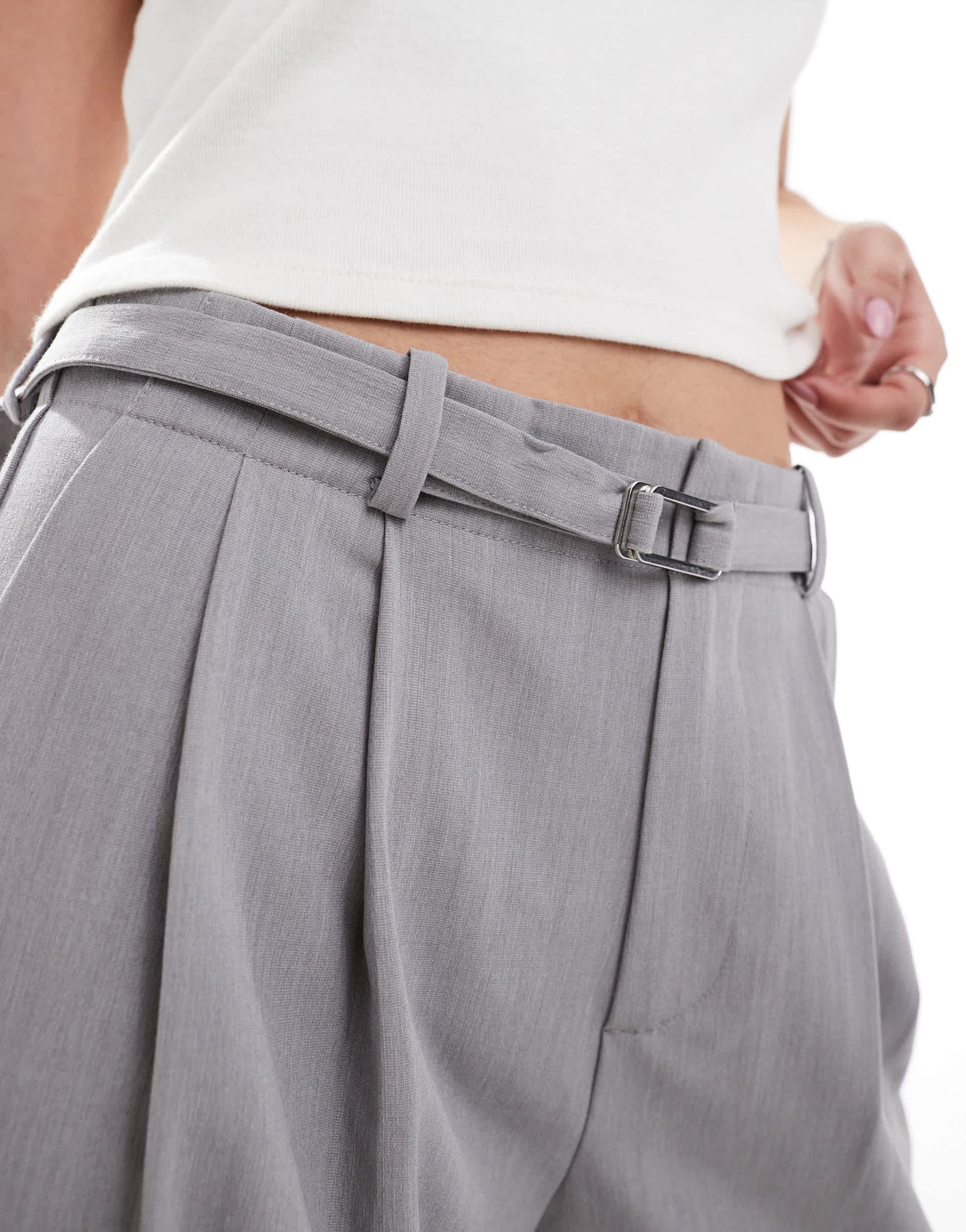 Stradivarius belted tailored wide leg trouser in grey