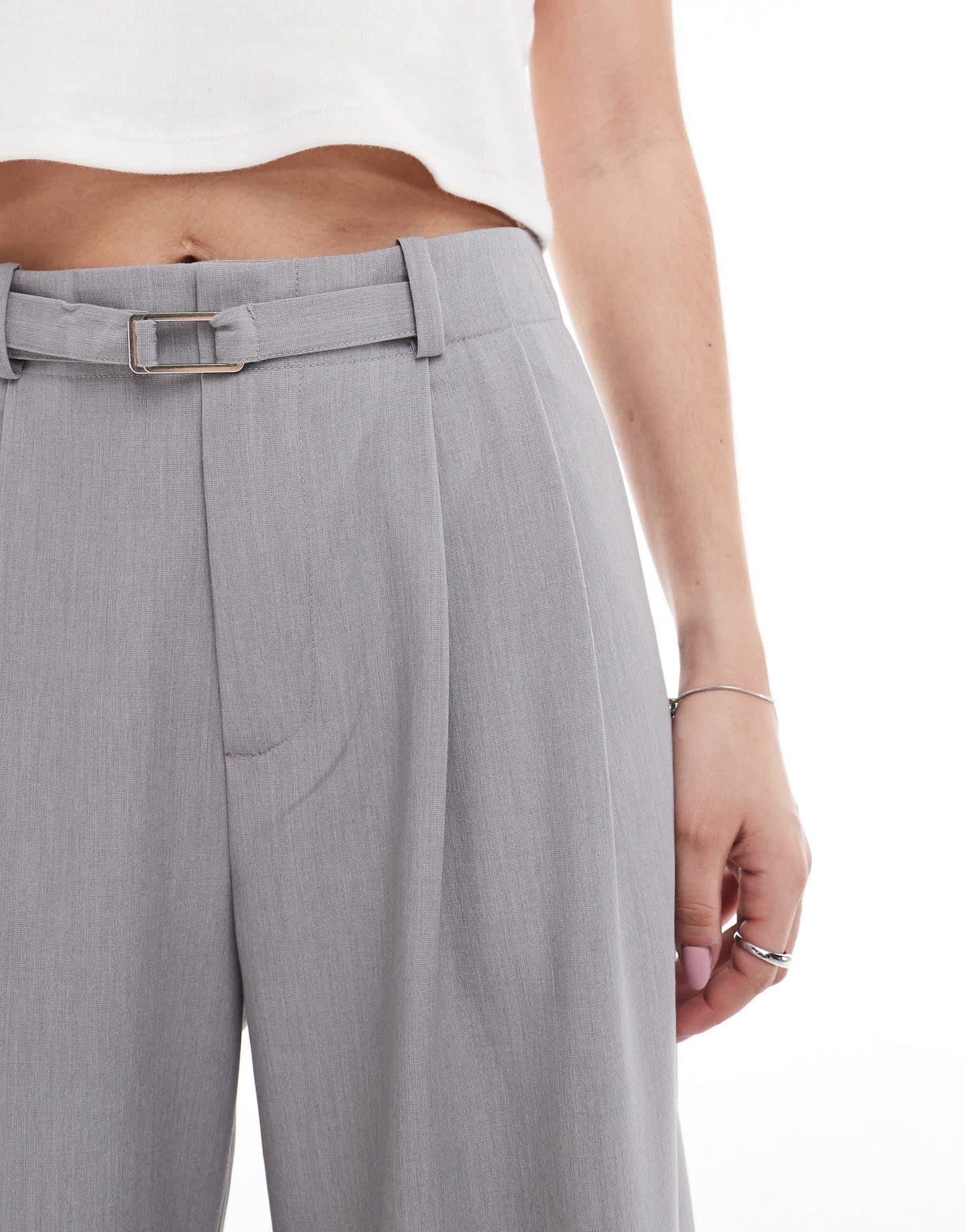Stradivarius belted tailored wide leg trouser in grey