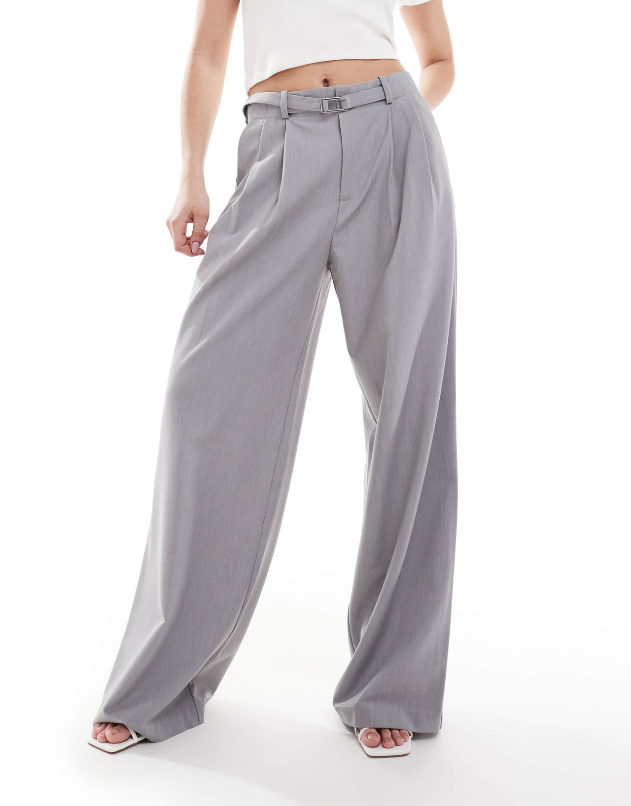Stradivarius belted tailored wide leg trouser in grey