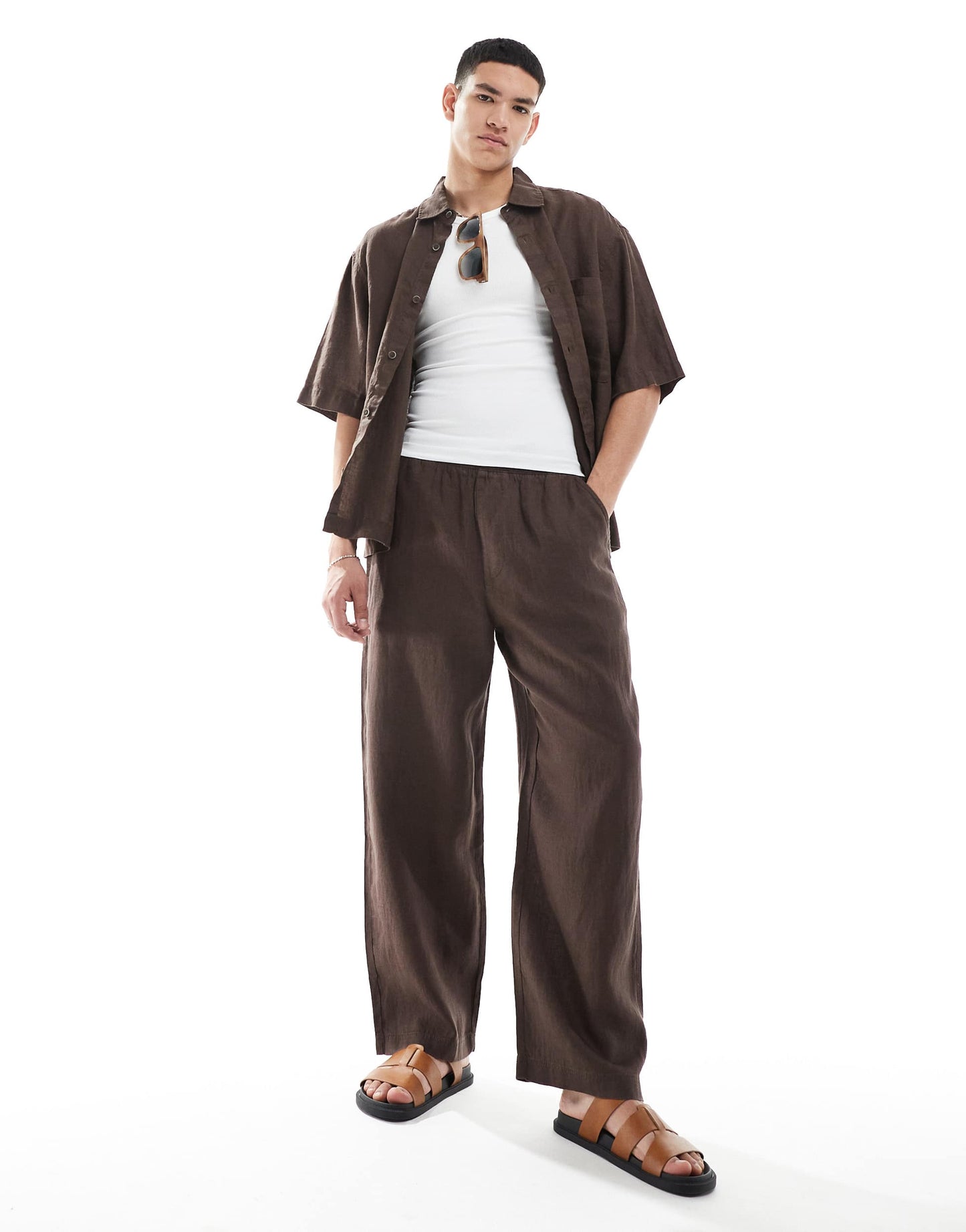 Pull&Bear 100% linen co-ord shirt in brown