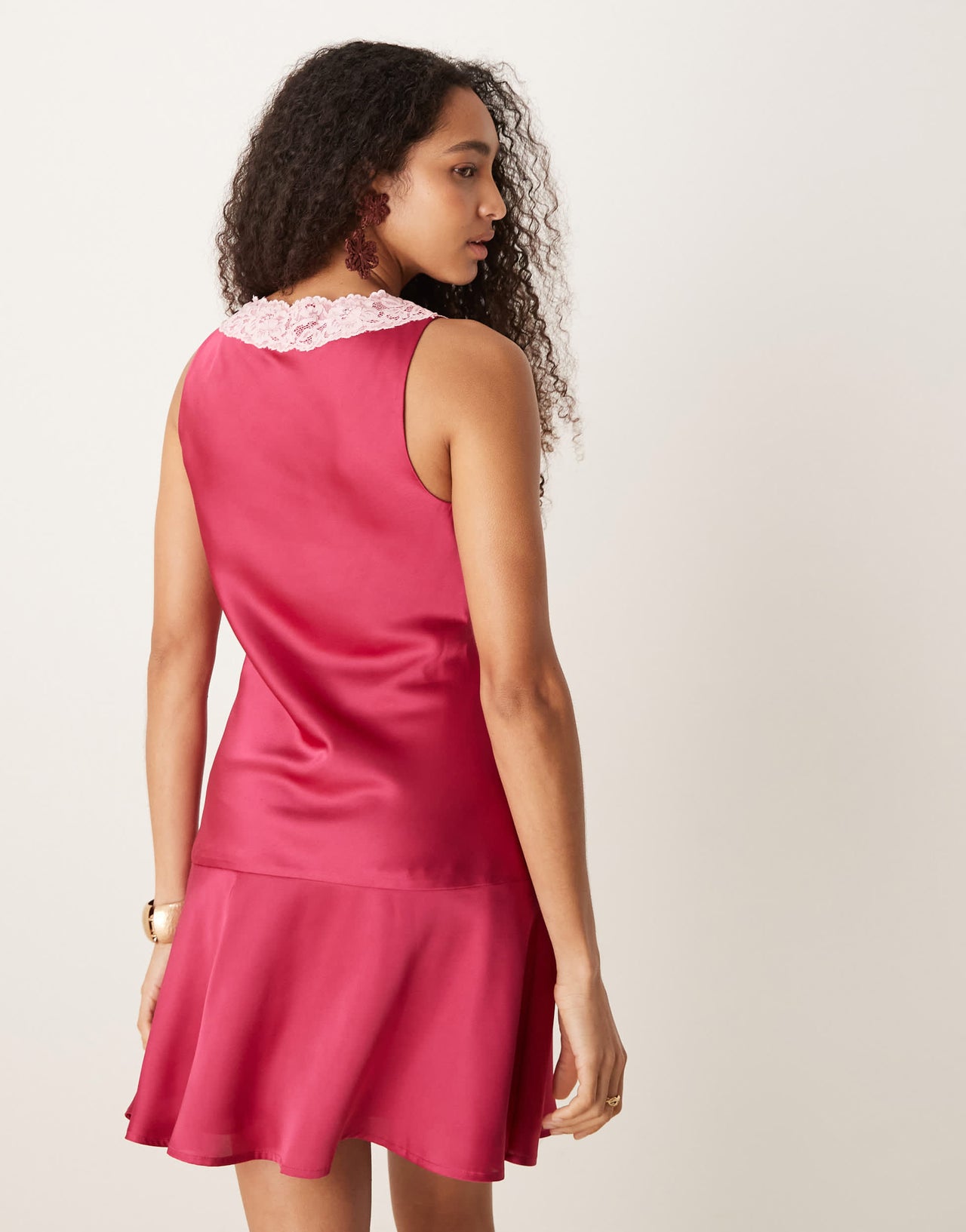 ASOS DESIGN satin flippy mini dress with lace detail in pink