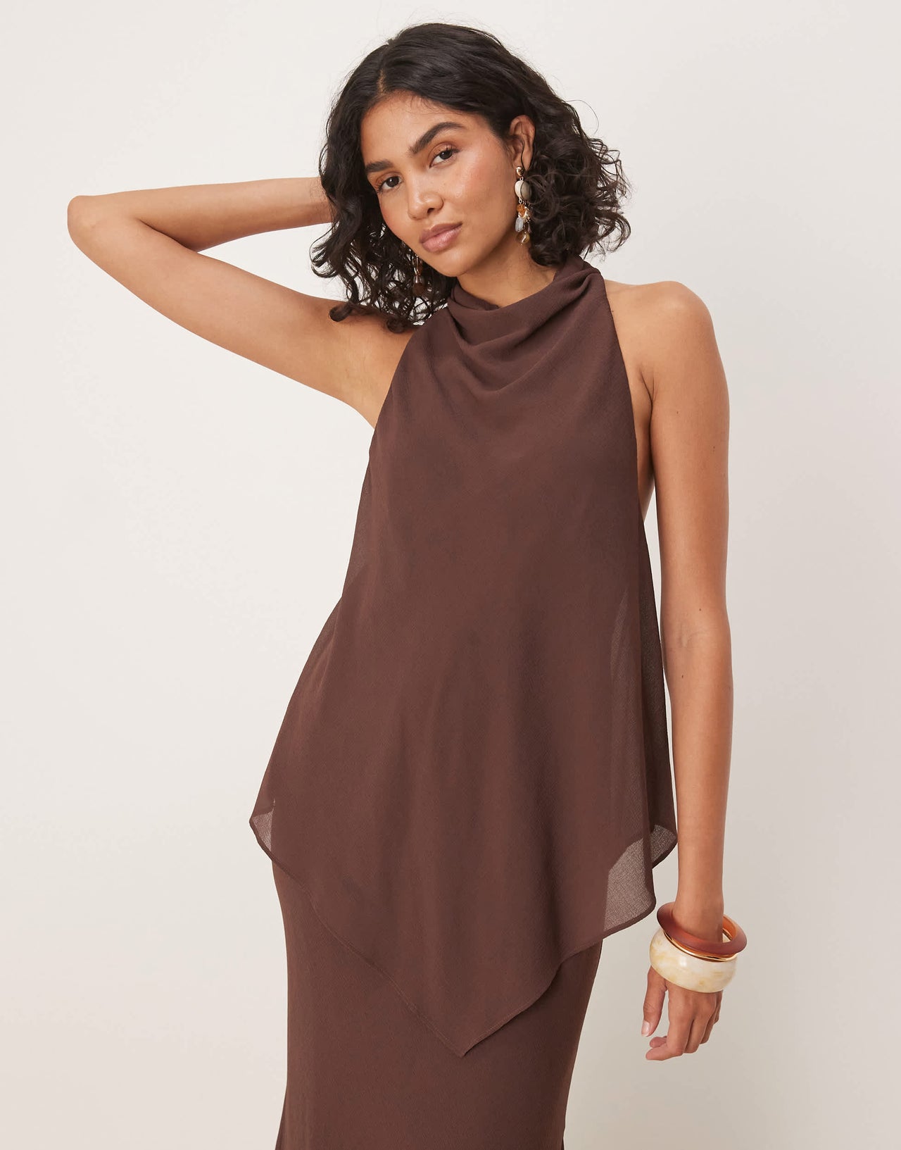ASOS DESIGN chiffon high neck double layer maxi dress in chocolate
