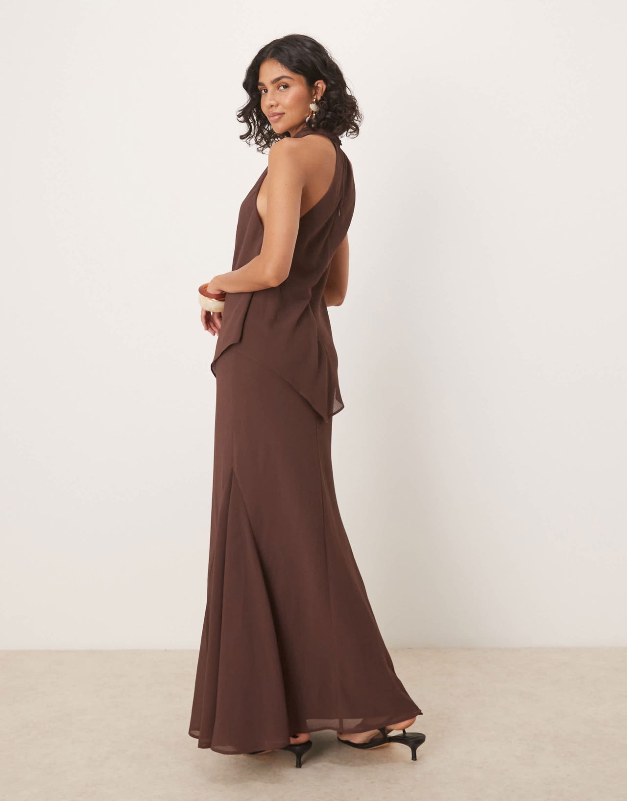 ASOS DESIGN chiffon high neck double layer maxi dress in chocolate