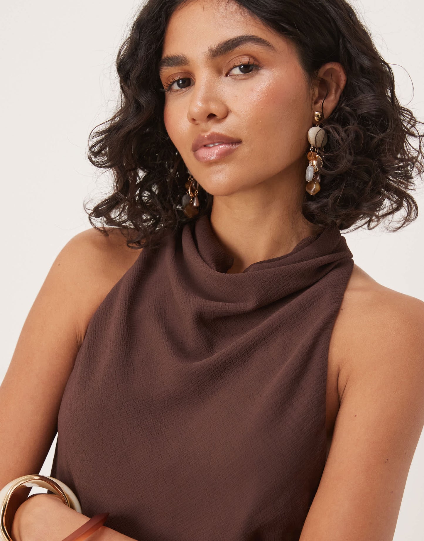ASOS DESIGN chiffon high neck double layer maxi dress in chocolate