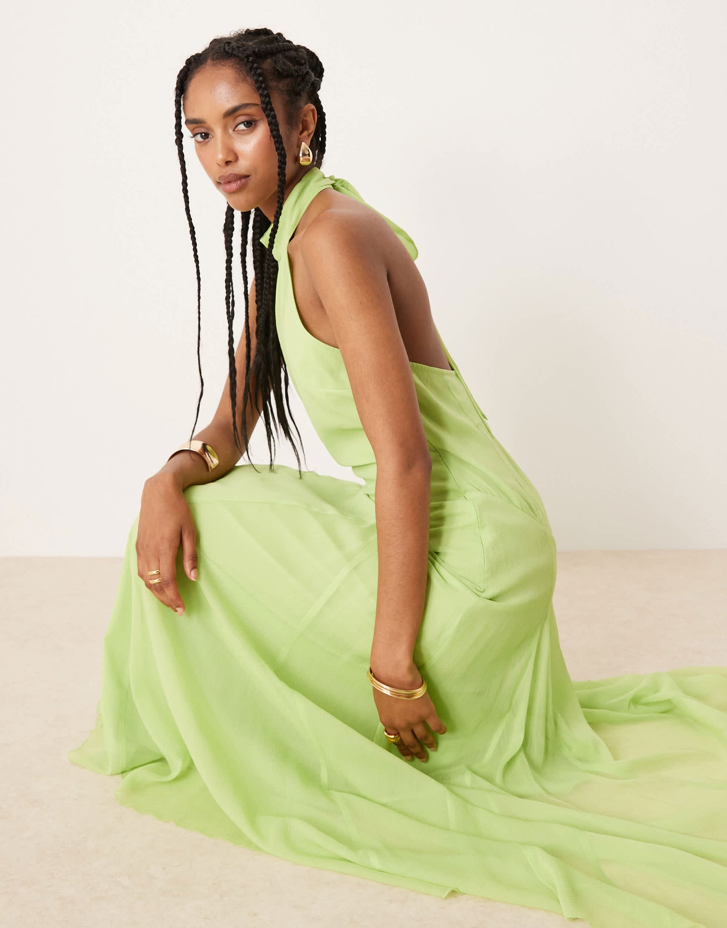 ASOS DESIGN chiffon halter dropped waist maxi dress in bright green