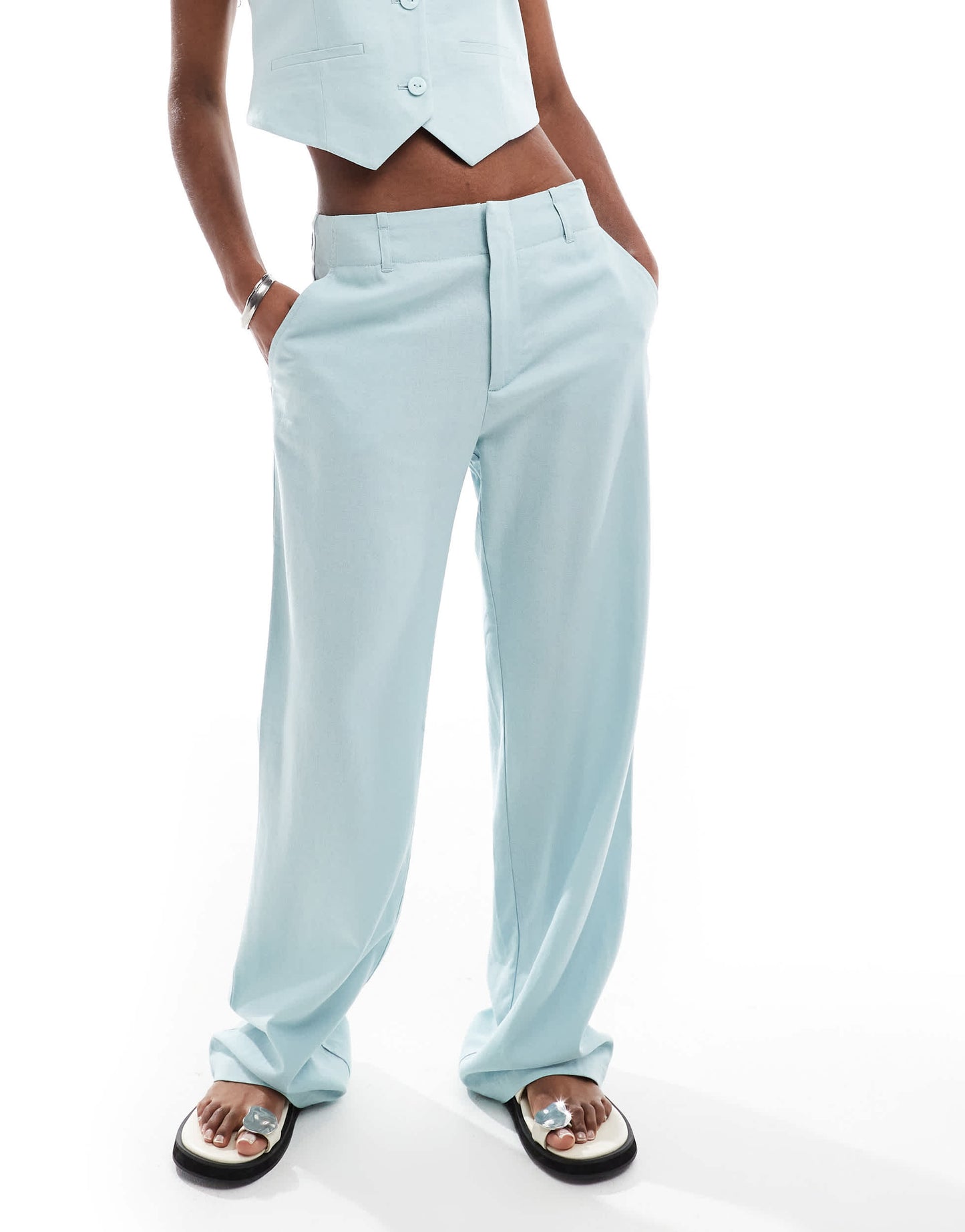 Stradivarius co-ord tailored linen look trouser in blue