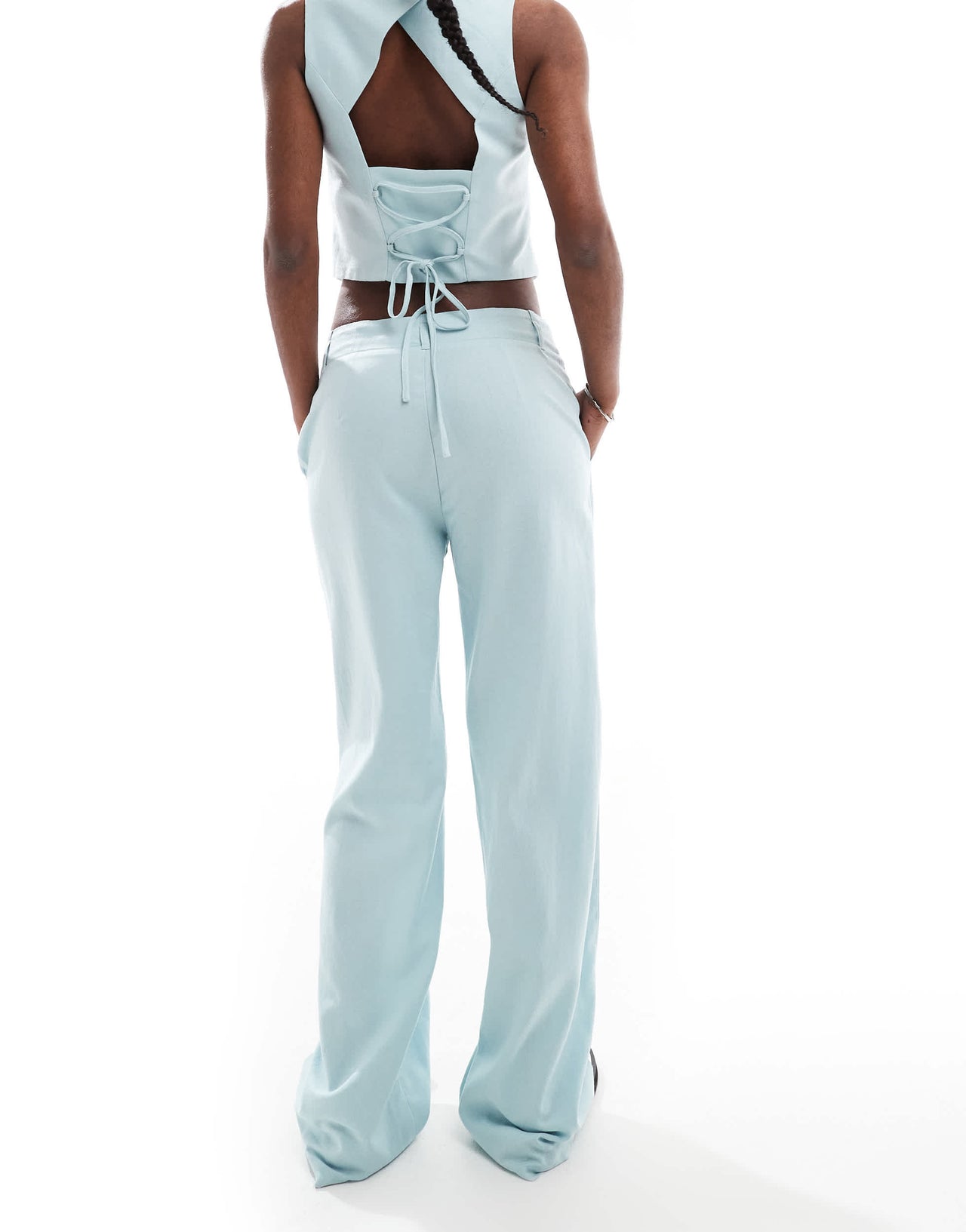 Stradivarius co-ord tailored linen look trouser in blue