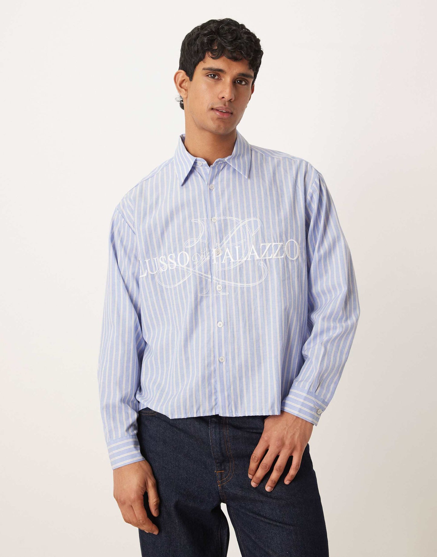 ASOS DESIGN boxy oversized striped shirt with embroidery in blue