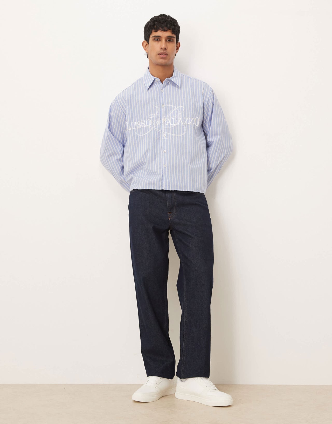 ASOS DESIGN boxy oversized striped shirt with embroidery in blue