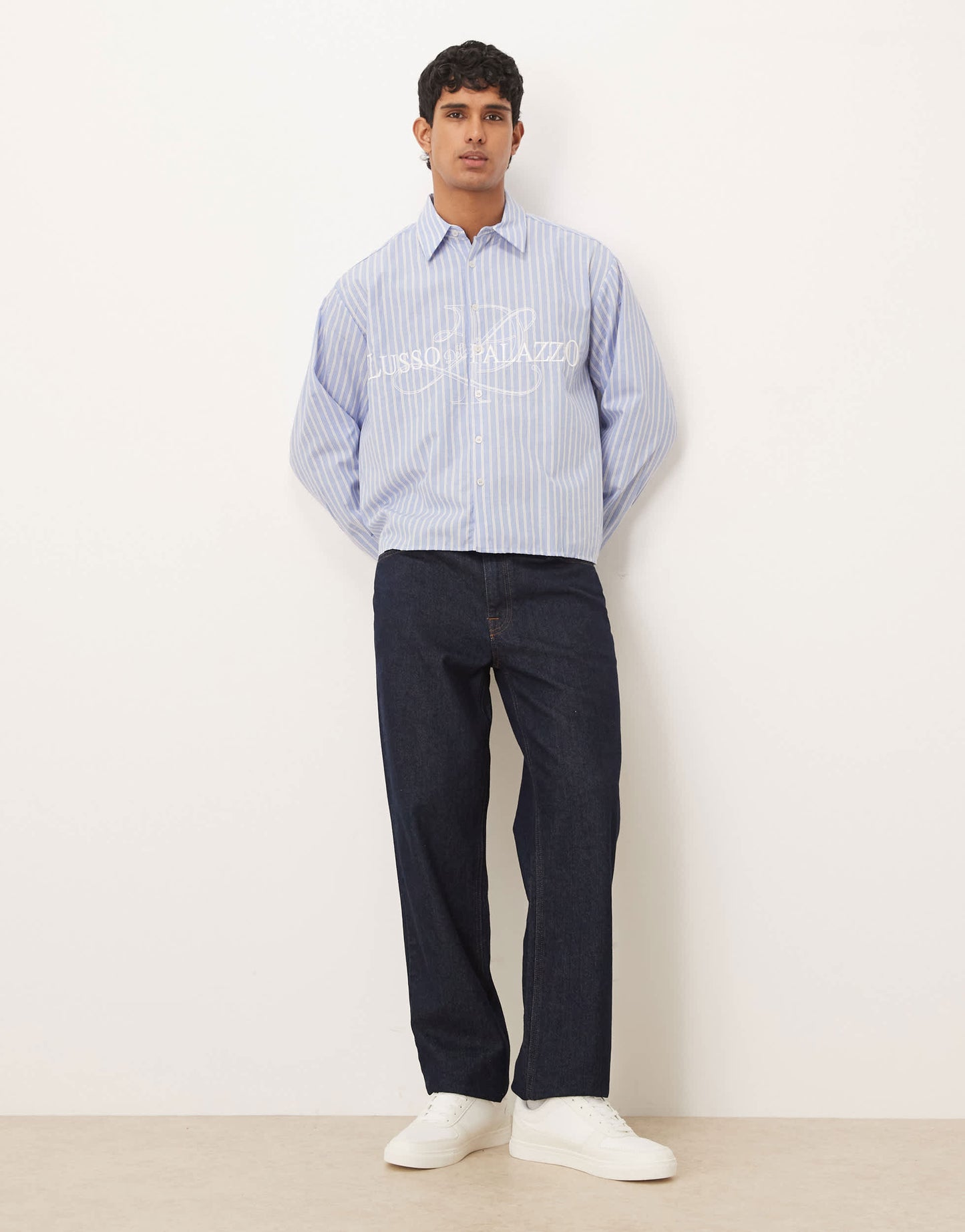 ASOS DESIGN boxy oversized striped shirt with embroidery in blue