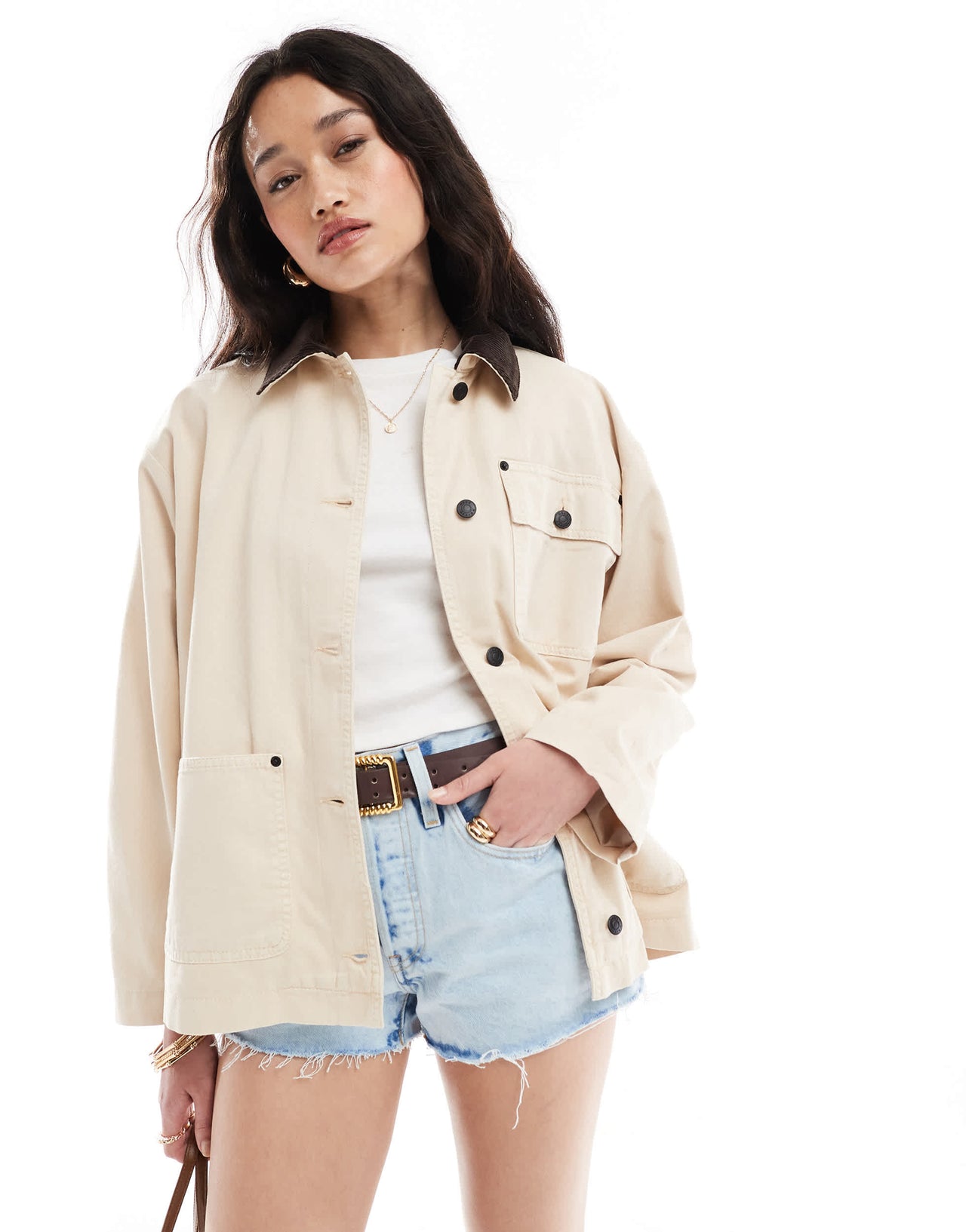 ASOS DESIGN clean cord collar jacket in stone