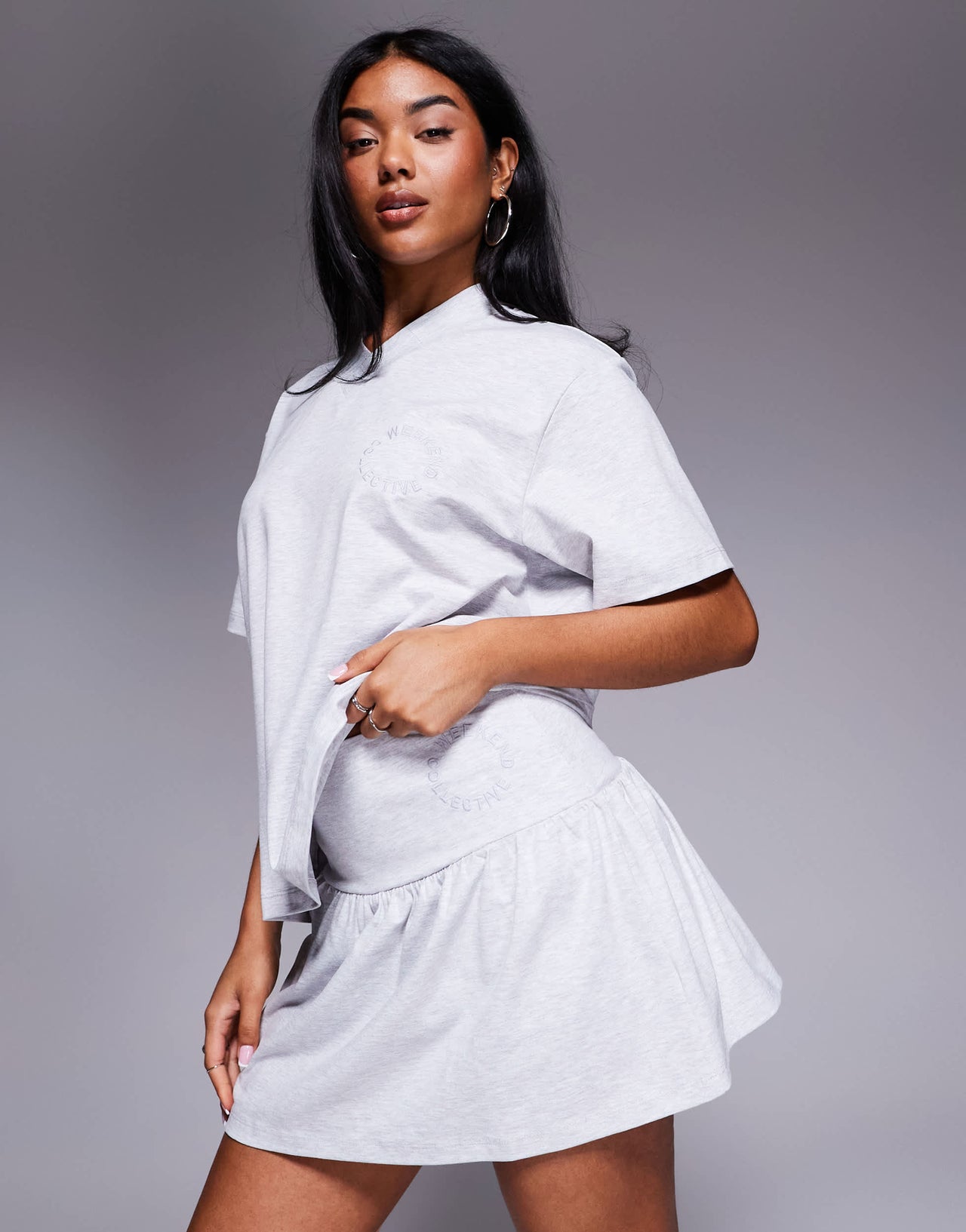 Weekend Collective co-ord skort with embroidered logo in grey marl