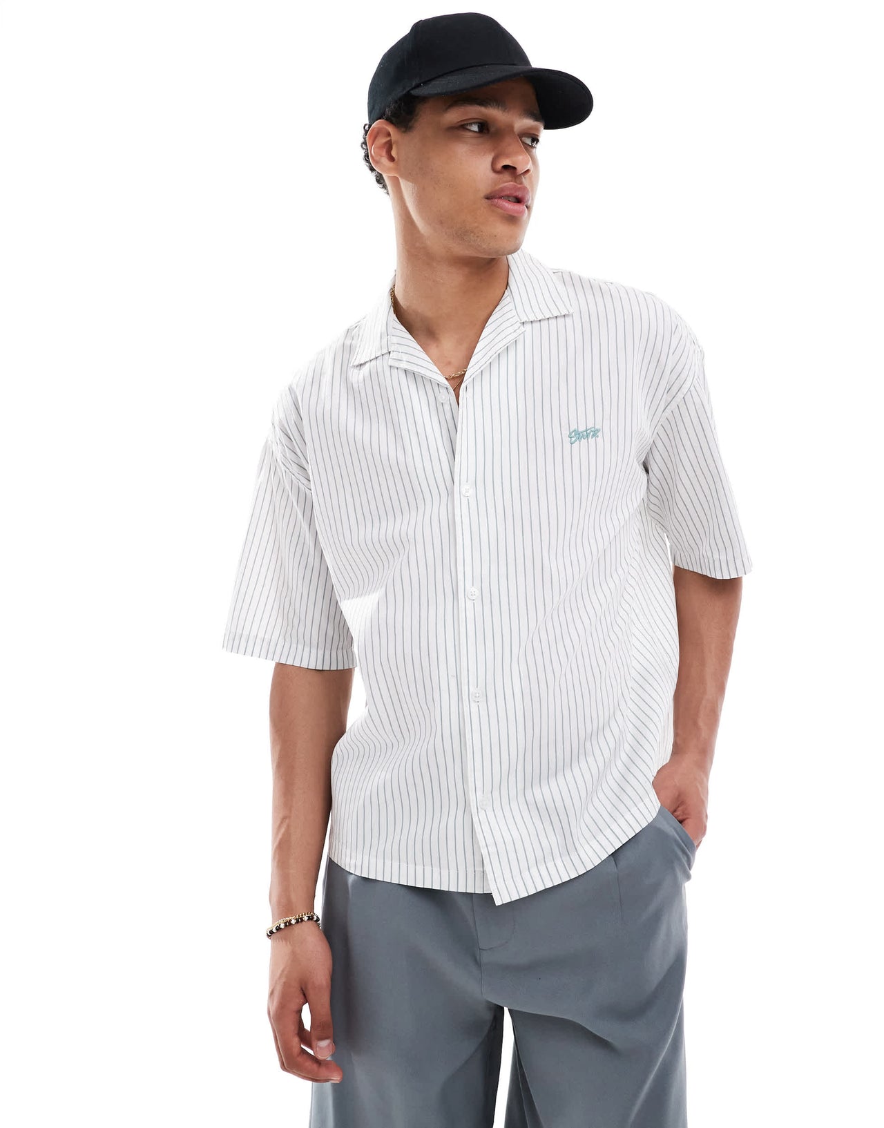 Pull&Bear striped boxy shirt in white