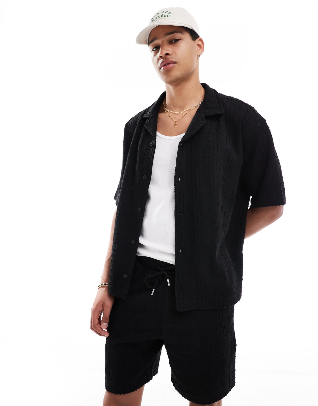 Pull&Bear self stripe textured shirt co-ord in black