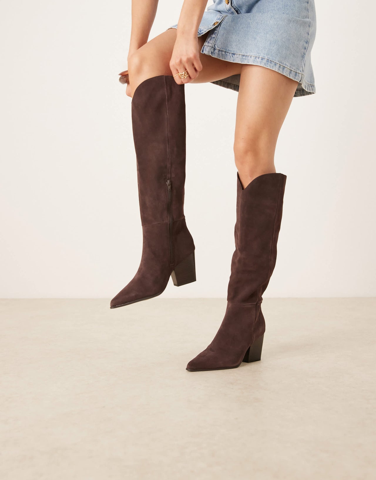 ALDO Kaely Wide leg western detail knee high boots in suede chocolate