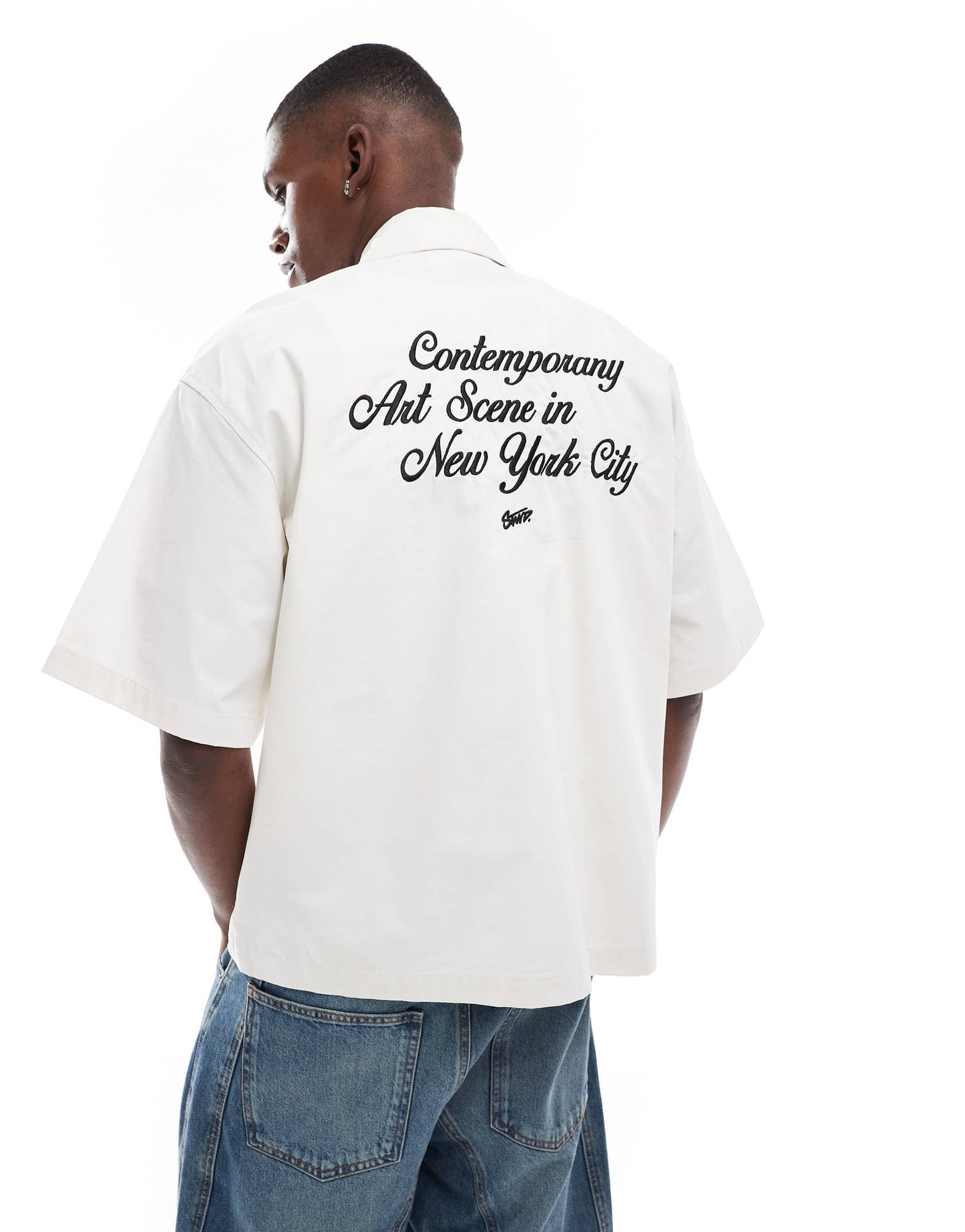Pull&Bear back embroidered zip through shirt in ecru