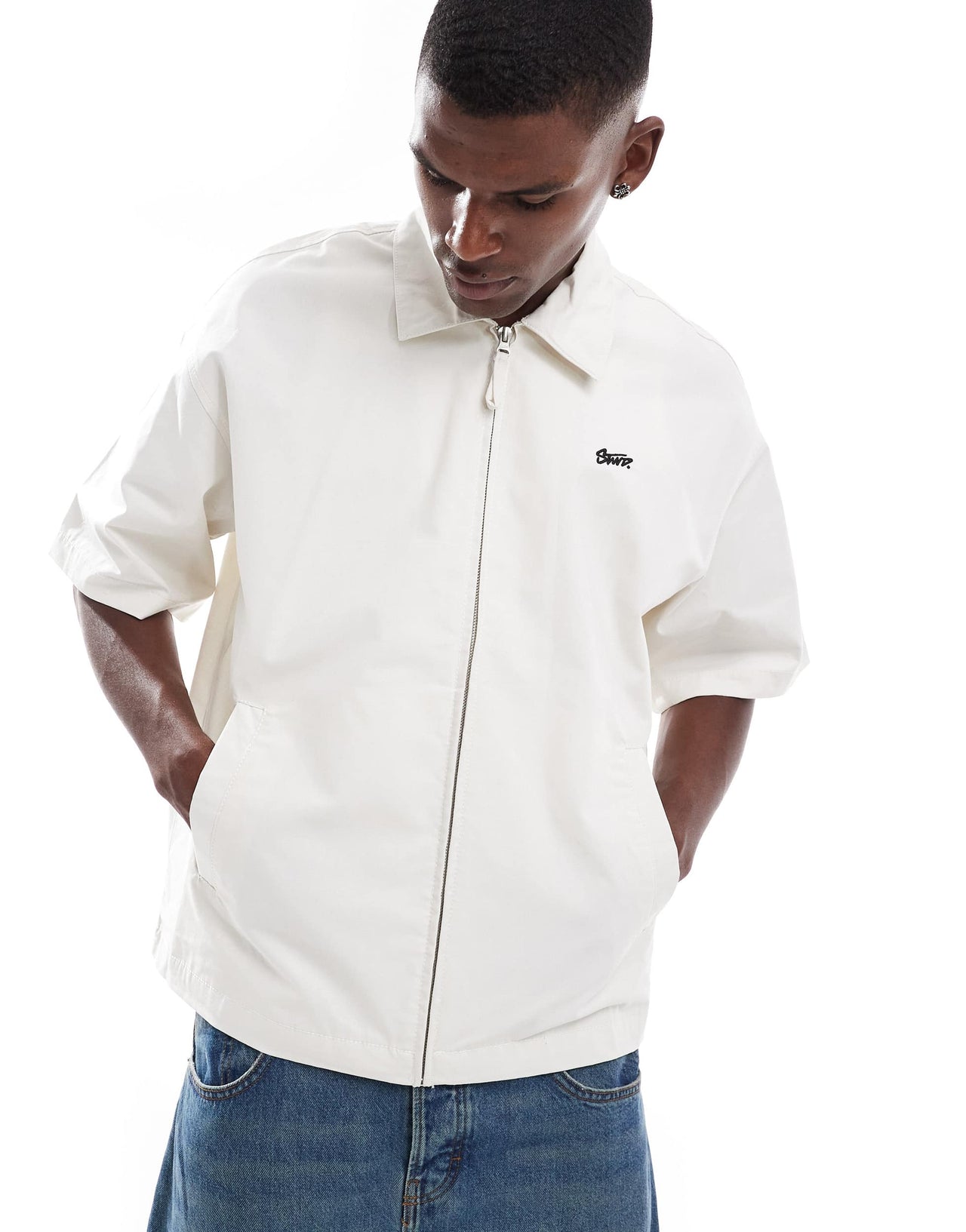Pull&Bear back embroidered zip through shirt in ecru