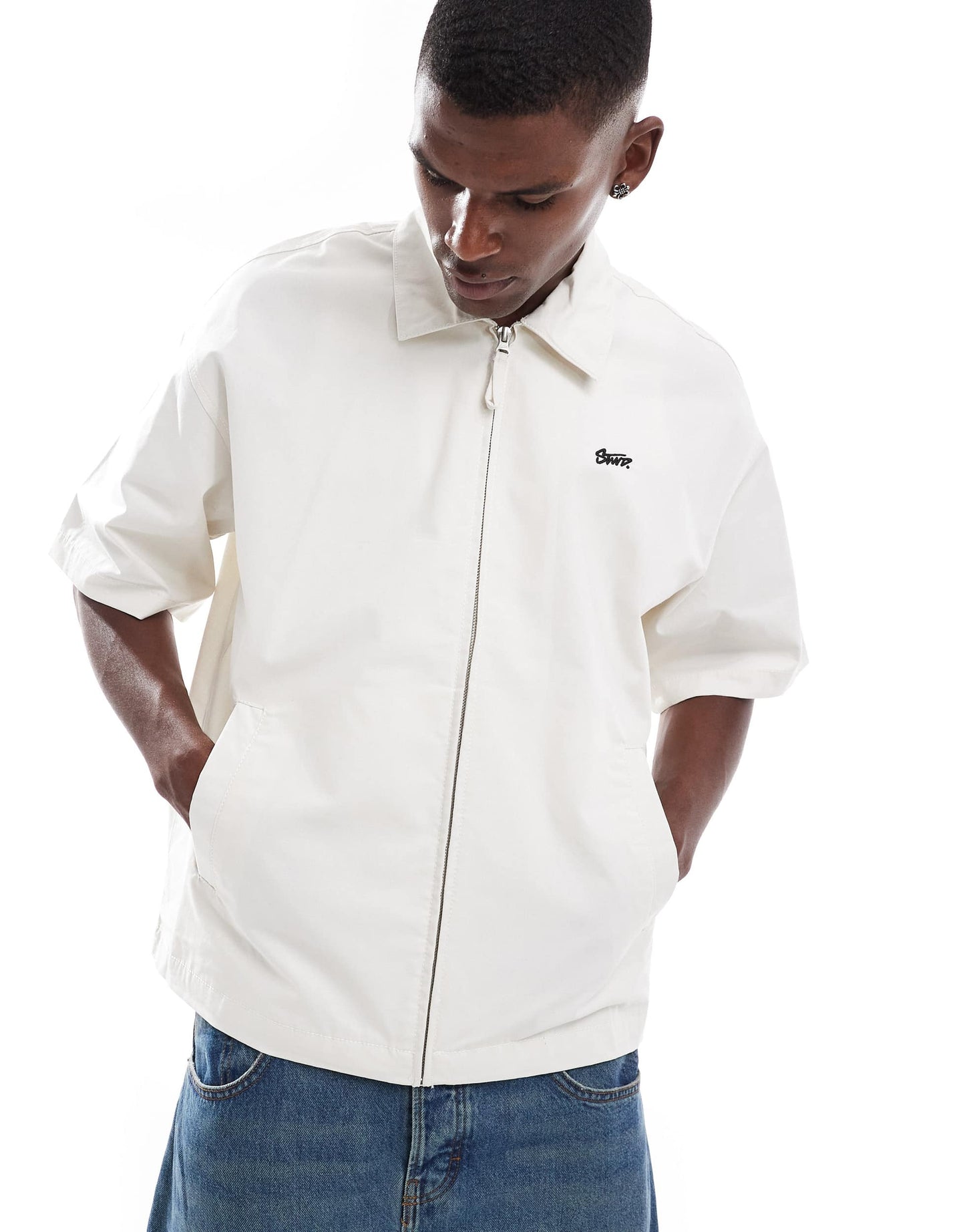 Pull&Bear back embroidered zip through shirt in ecru