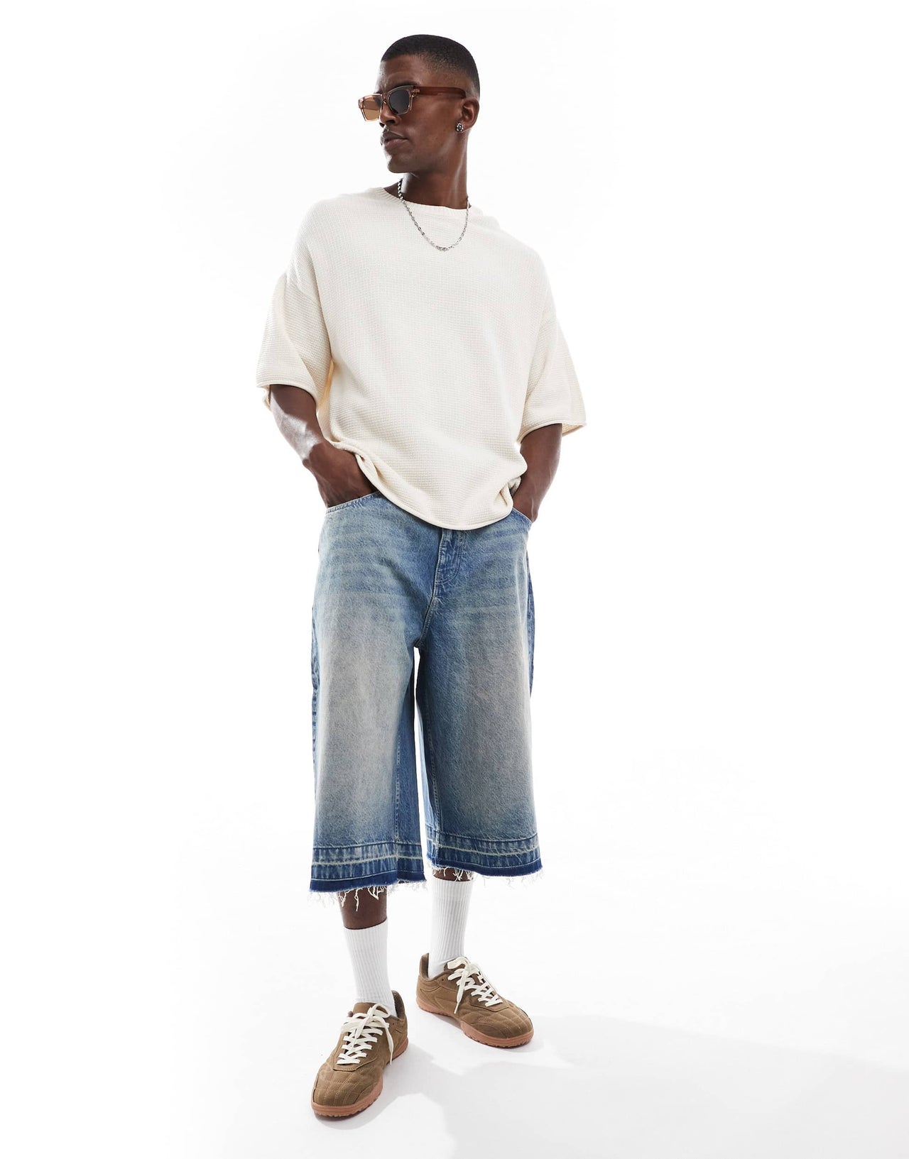 Pull&Bear loose fit knitted t-shirt in off white