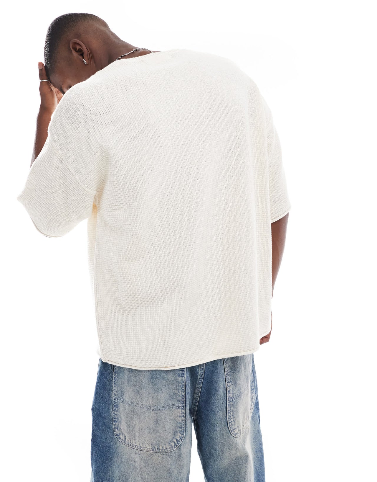Pull&Bear loose fit knitted t-shirt in off white