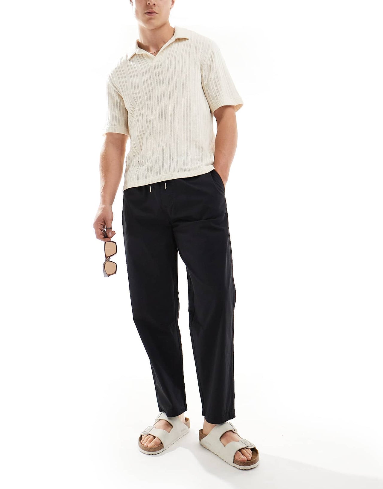 Pull&Bear linen viscose trouser in black