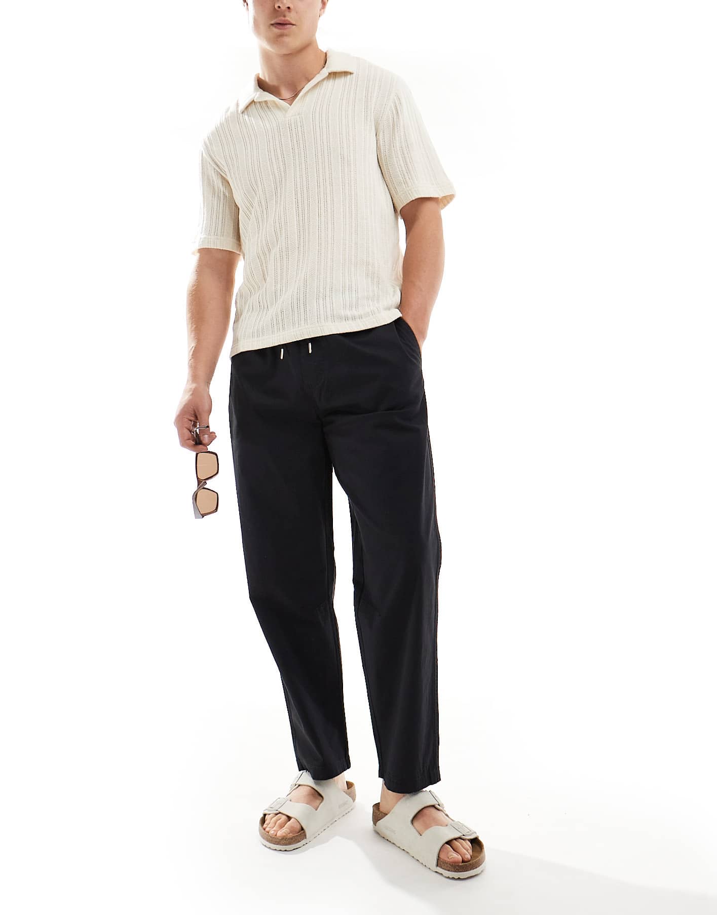Pull&Bear linen viscose trouser in black