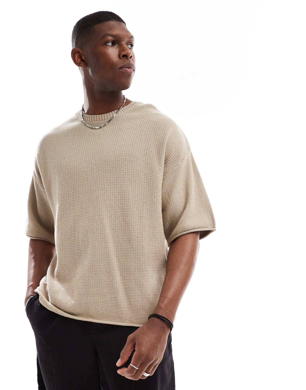 Pull&Bear loose fit knitted t-shirt in sand