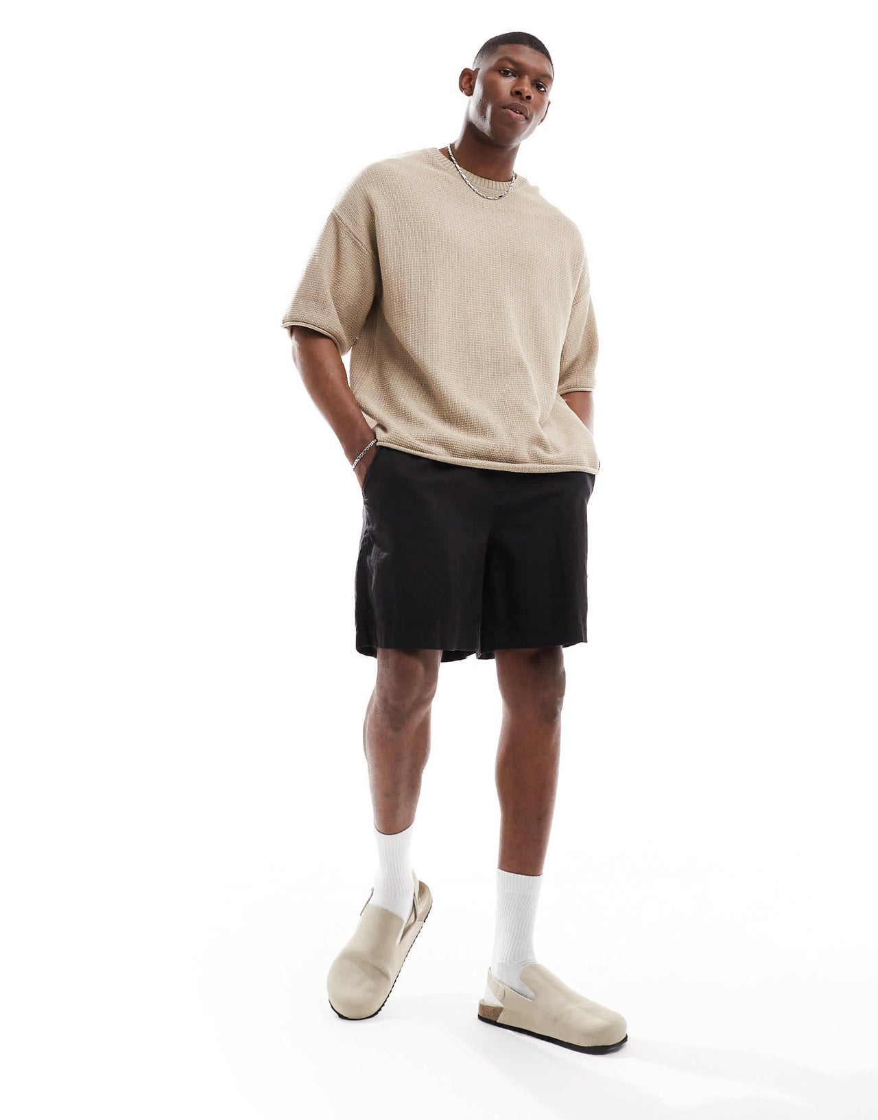 Pull&Bear loose fit knitted t-shirt in sand