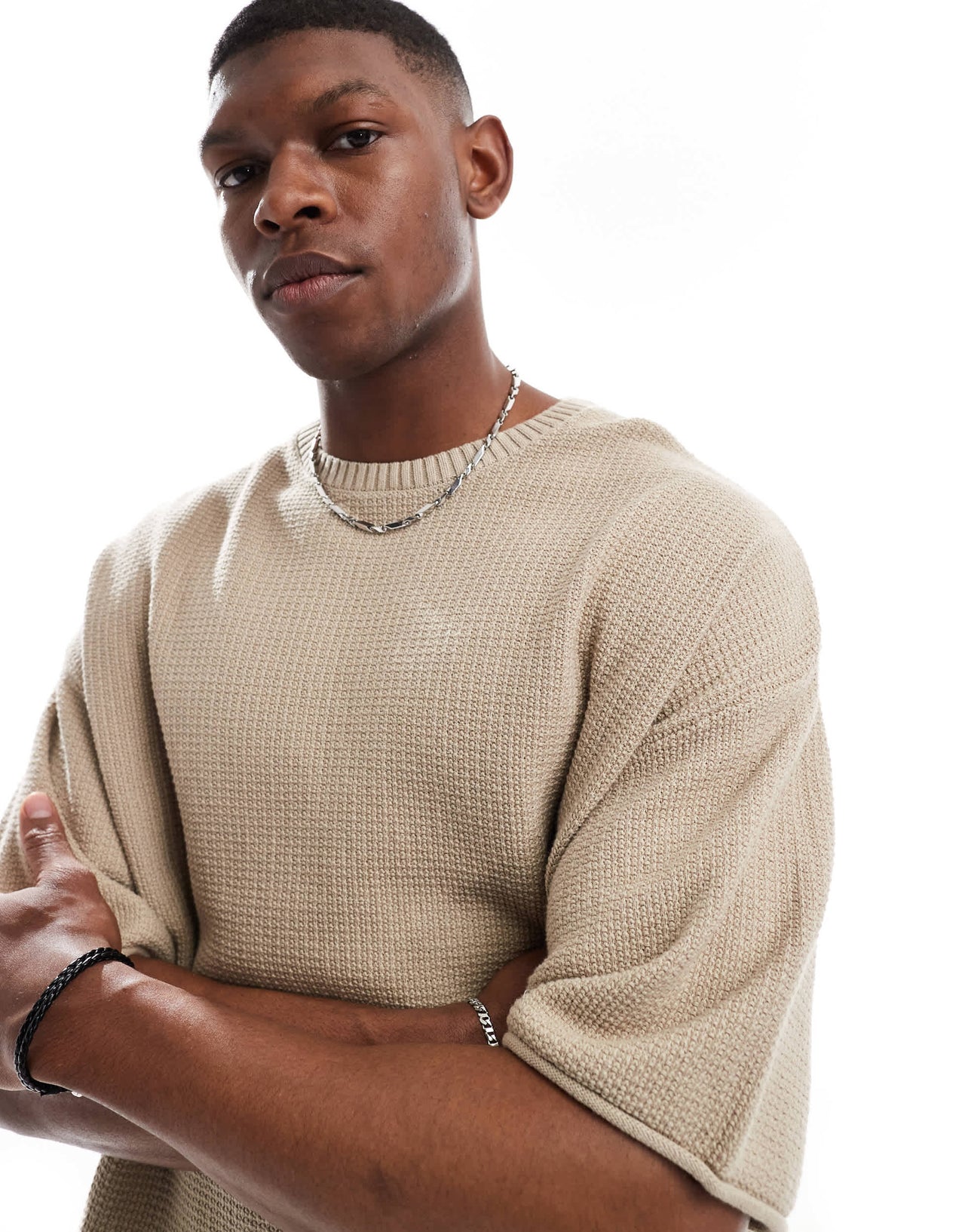 Pull&Bear loose fit knitted t-shirt in sand