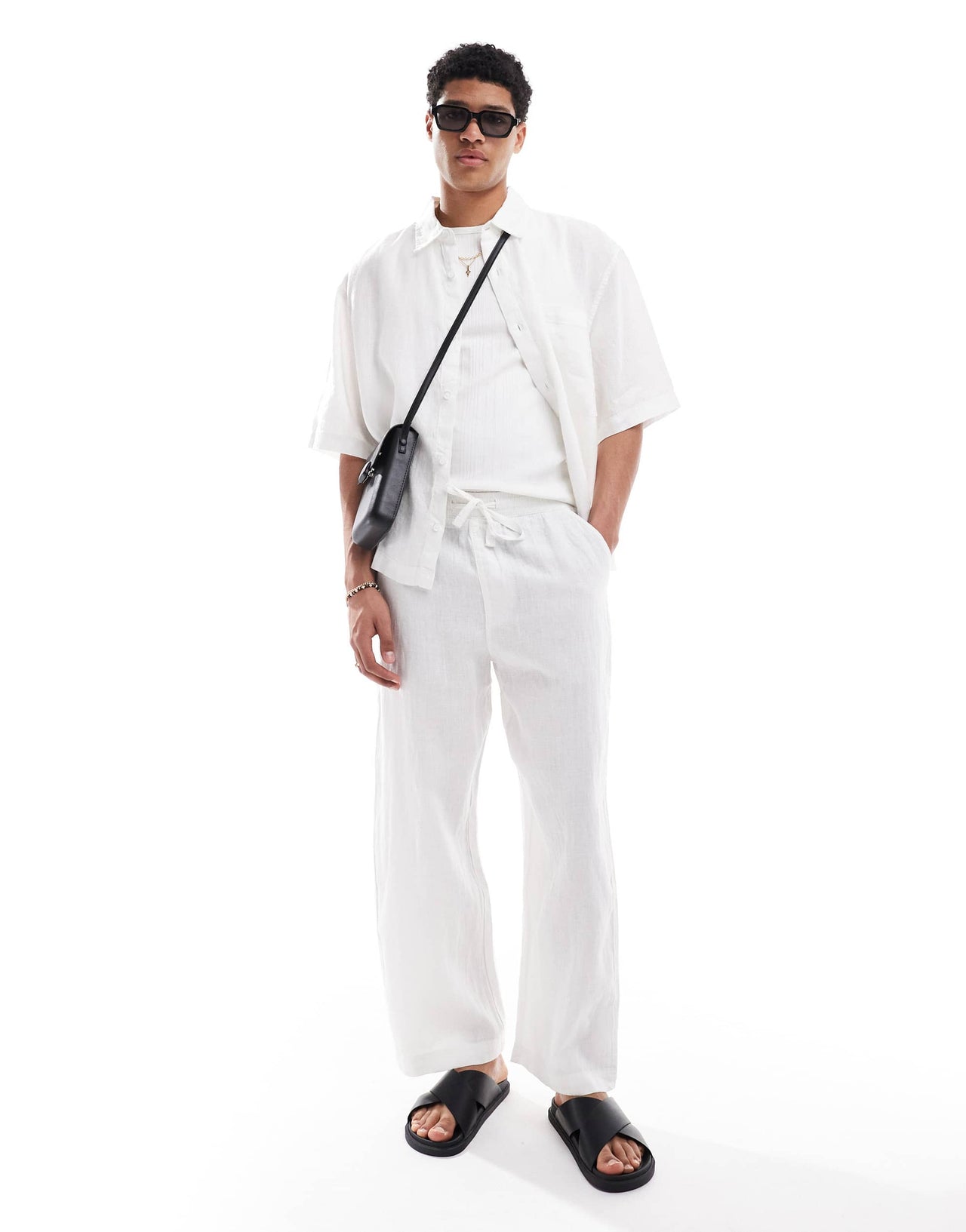 Pull&Bear 100% baggy linen trouser co-ord in white