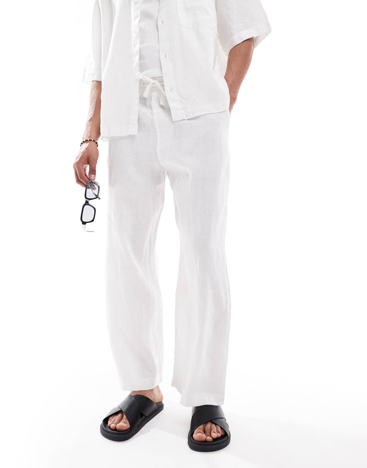 Pull&Bear 100% baggy linen trouser co-ord in white