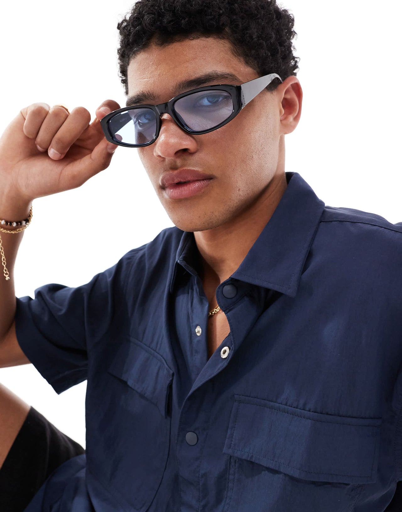 Pull&Bear angular sunglasses with blue lens in black