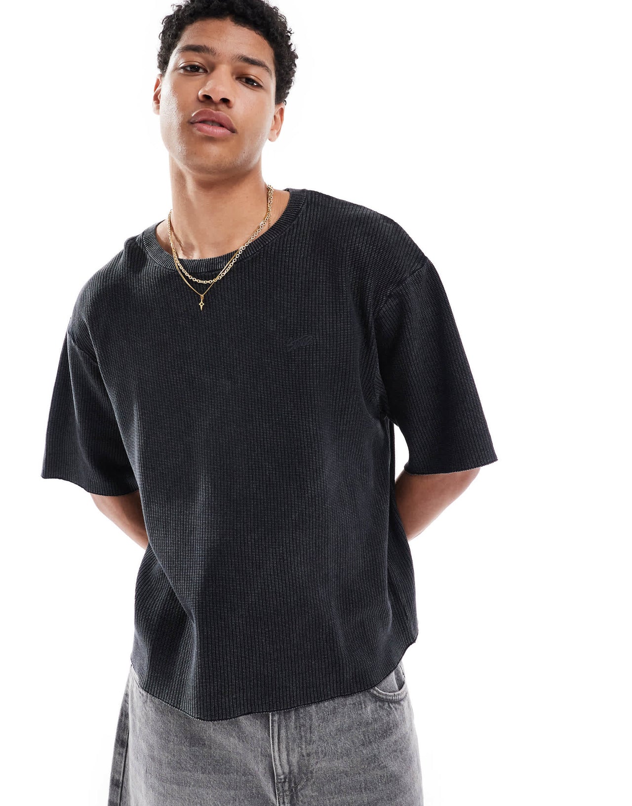 Pull&Bear STWD waffle texture oversized t-shirt in washed grey