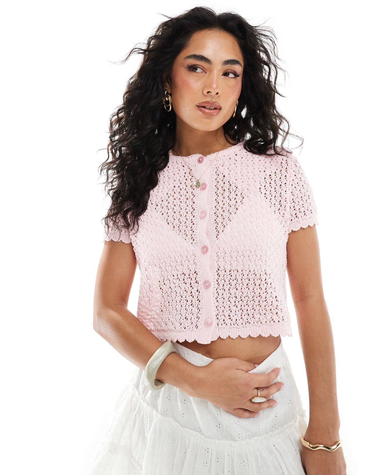 Miss Selfridge knitted pointelle short sleeve cardigan in pink