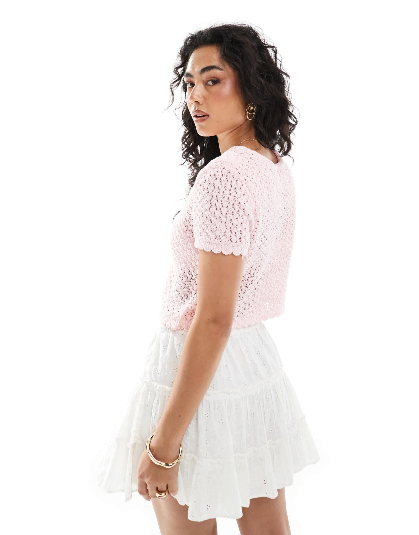 Miss Selfridge knitted pointelle short sleeve cardigan in pink