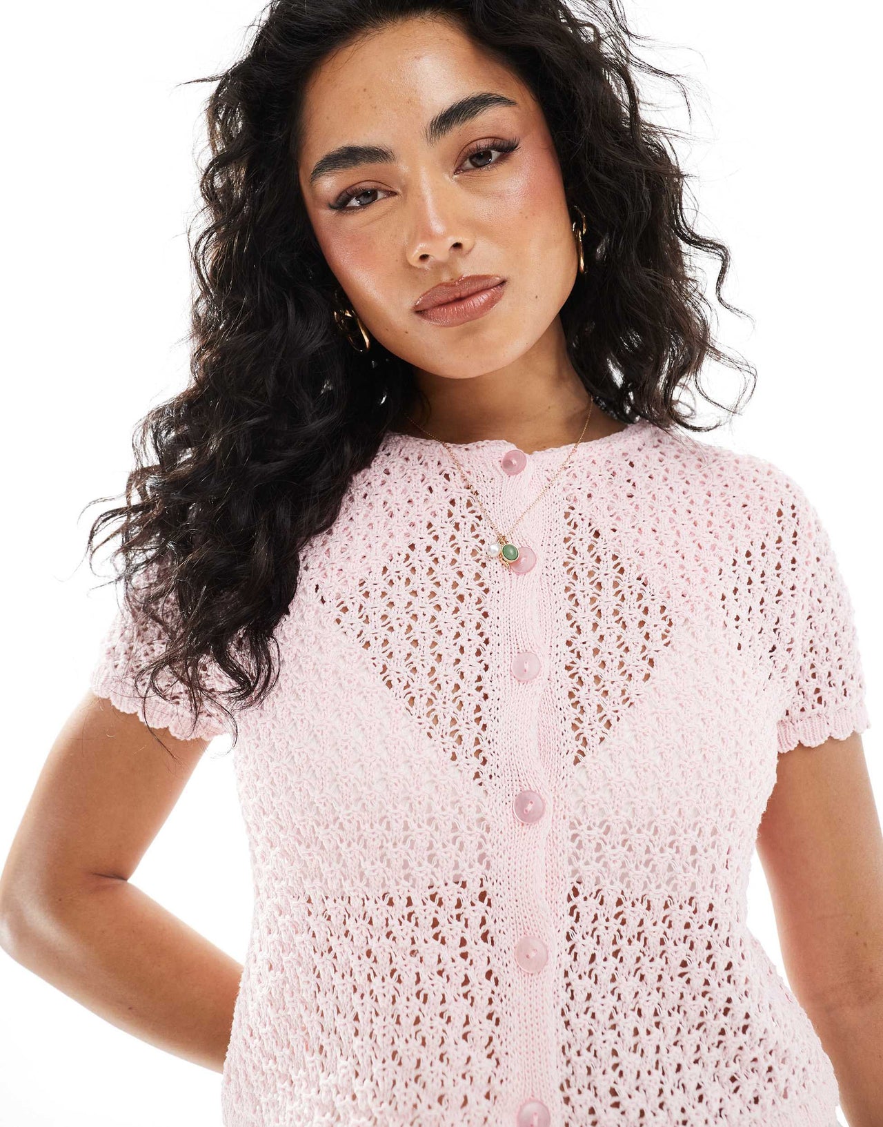 Miss Selfridge knitted pointelle short sleeve cardigan in pink
