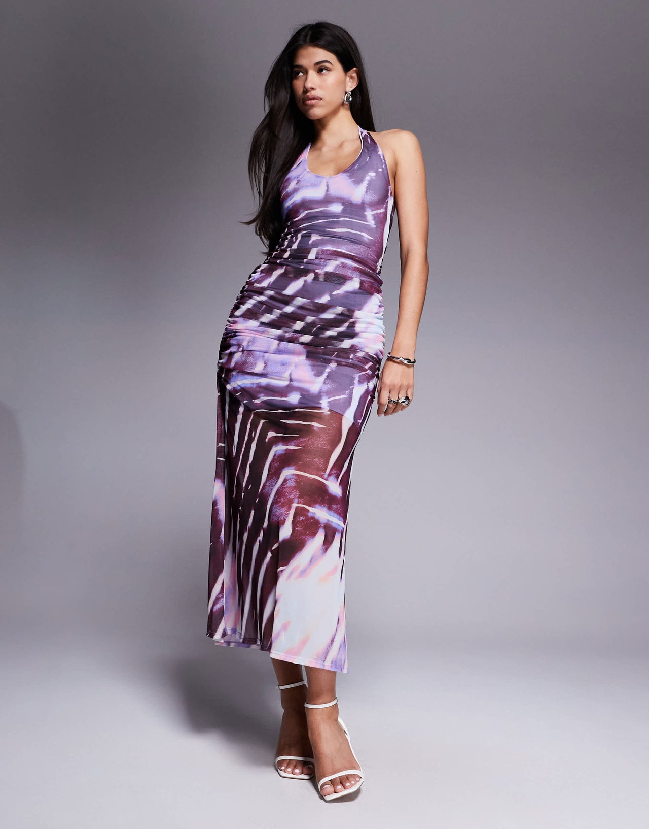 ASOS DESIGN halter with ruching mesh maxi dress in abstract zebra print