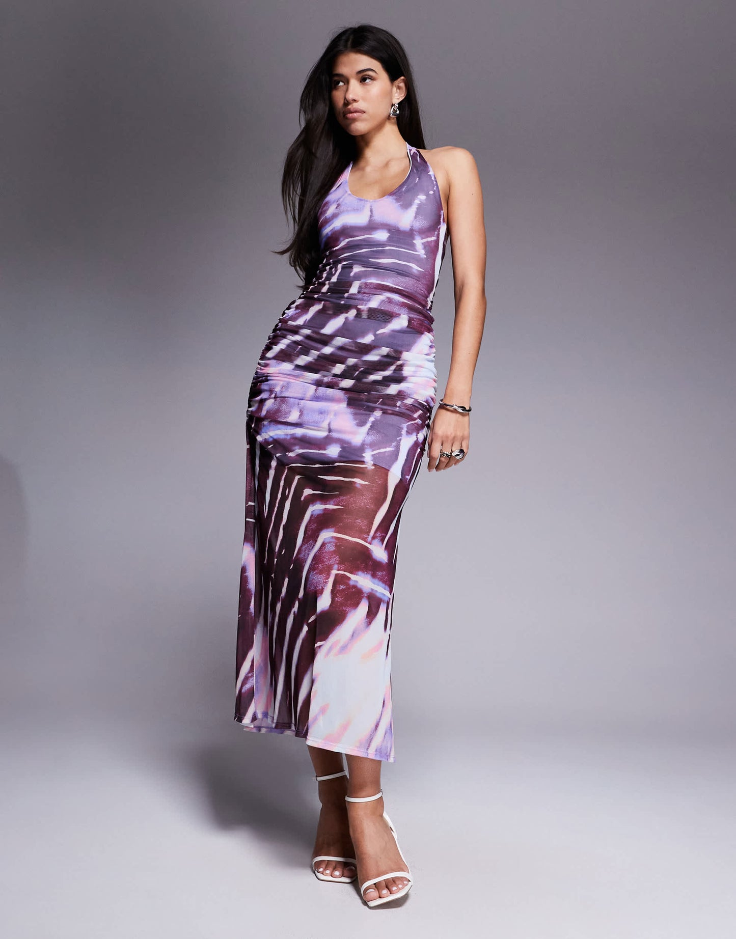 ASOS DESIGN halter with ruching mesh maxi dress in abstract zebra print
