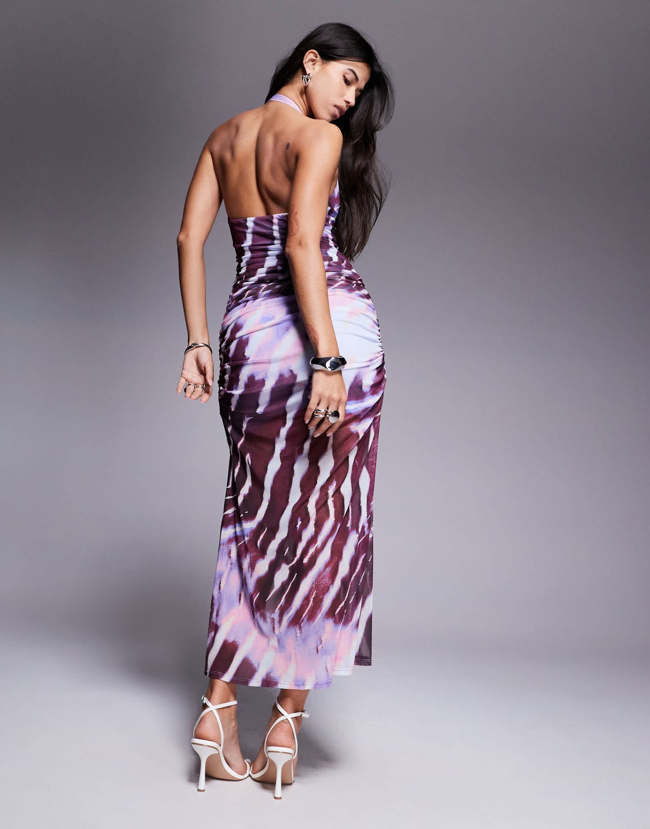 ASOS DESIGN halter with ruching mesh maxi dress in abstract zebra print