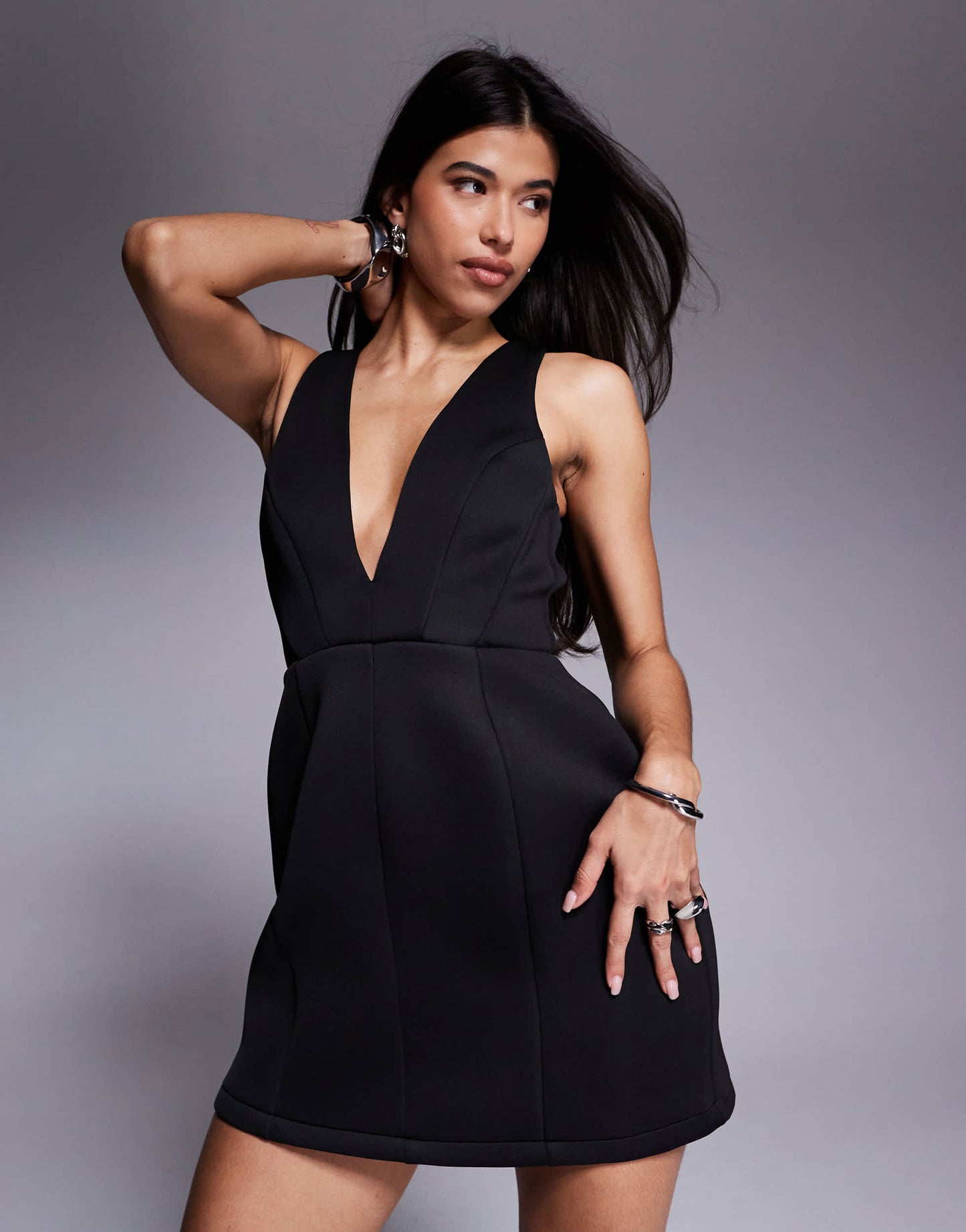 ASOS DESIGN  moulded hip plunge mini dress in black in scuba-style fabric
