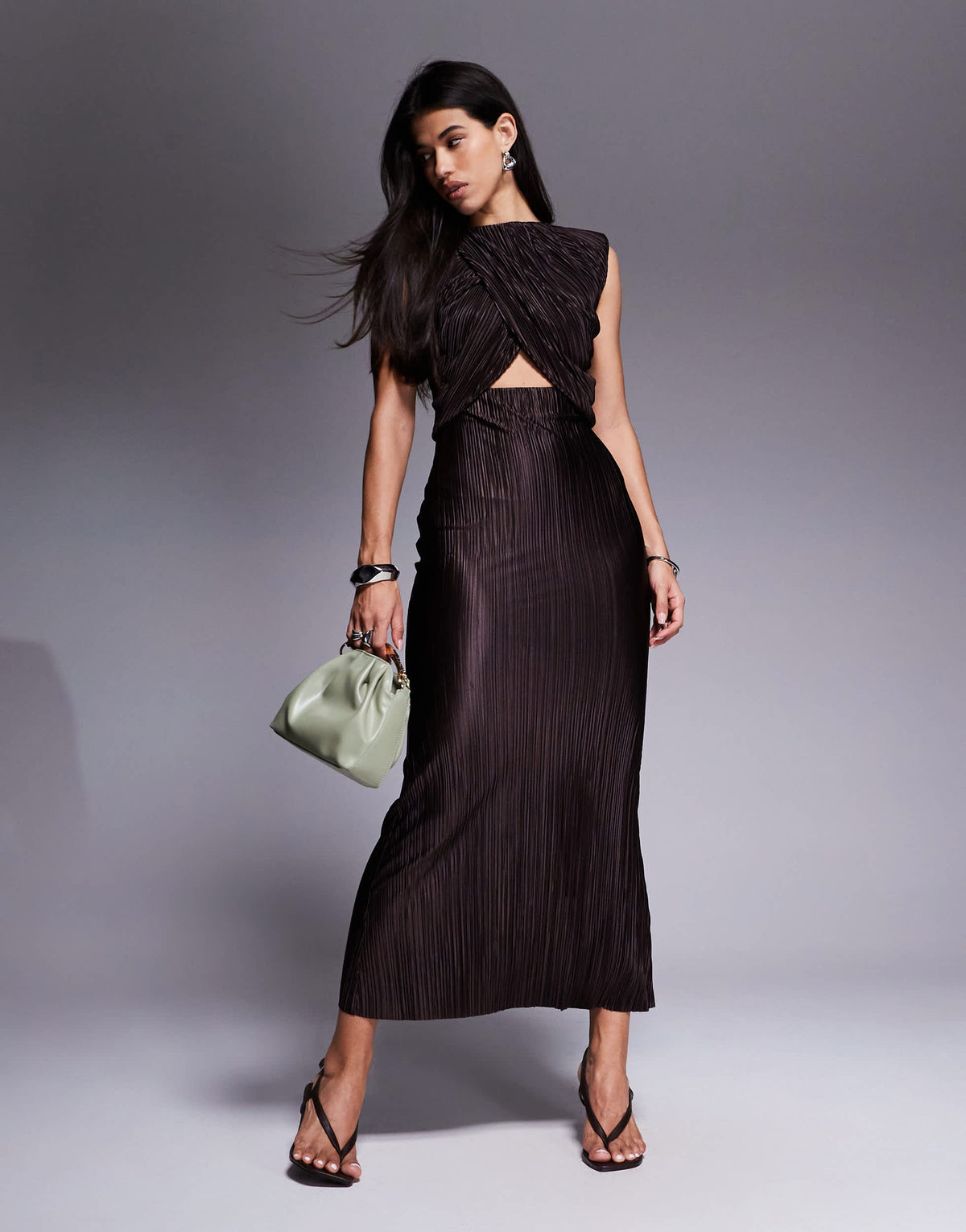 ASOS DESIGN high neck with cut out waist drape plisse maxi dress in chocolate